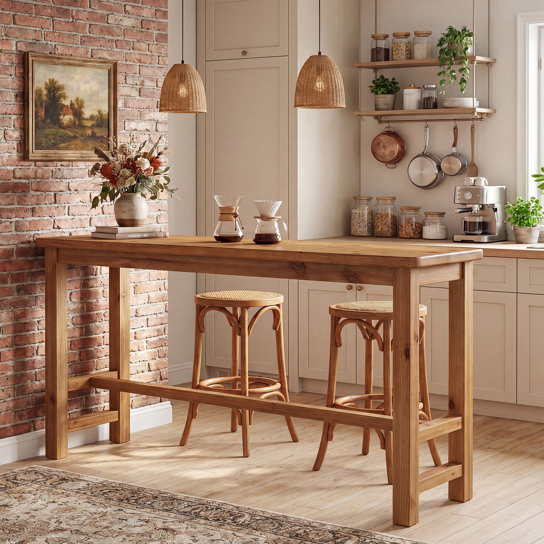 63" Solid Wood Bar Table, Rectangular Counter Height Pub Table for Home Bar