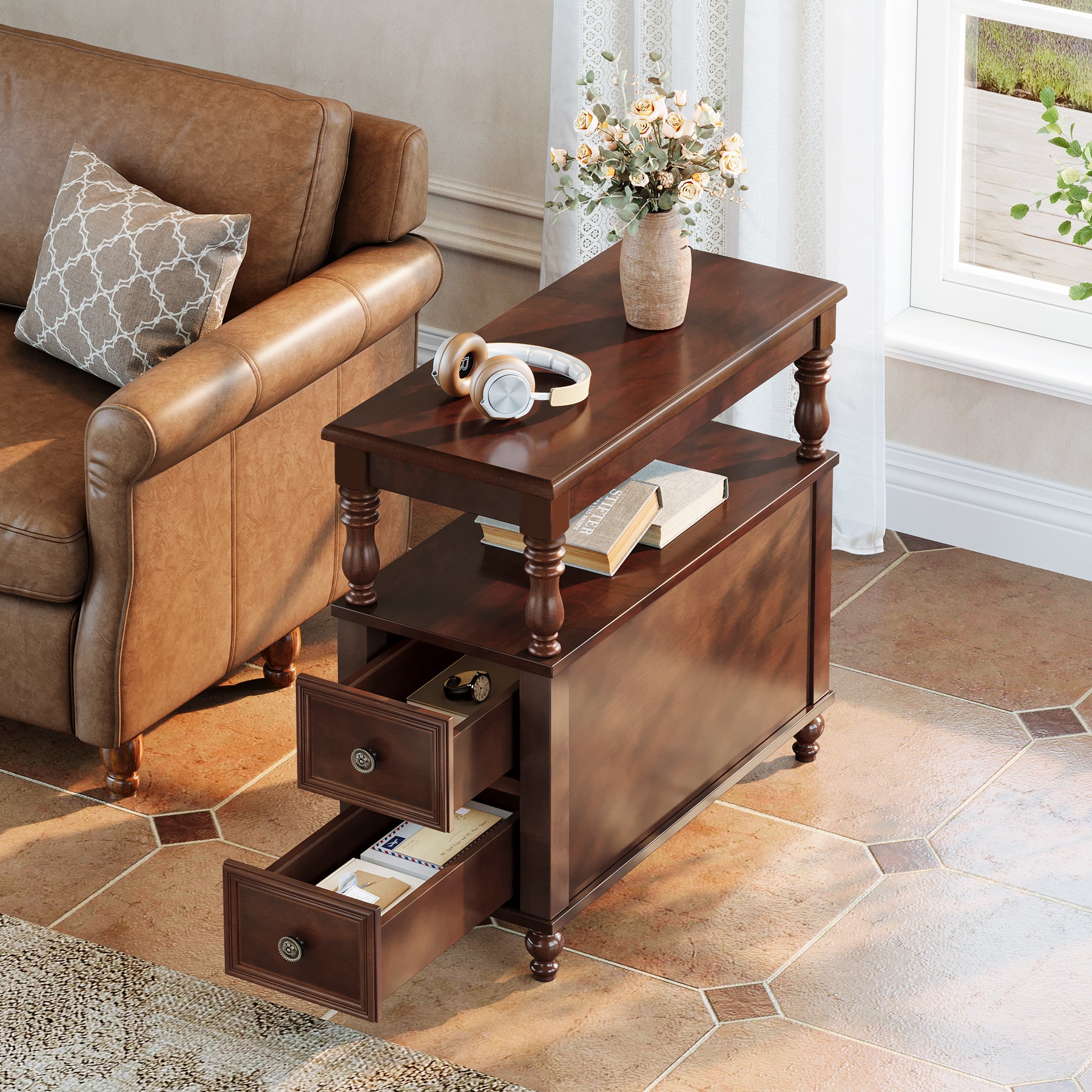 23.6" End Table, Solid Wood Accent Nightstand Bedside Table with Double Drawer