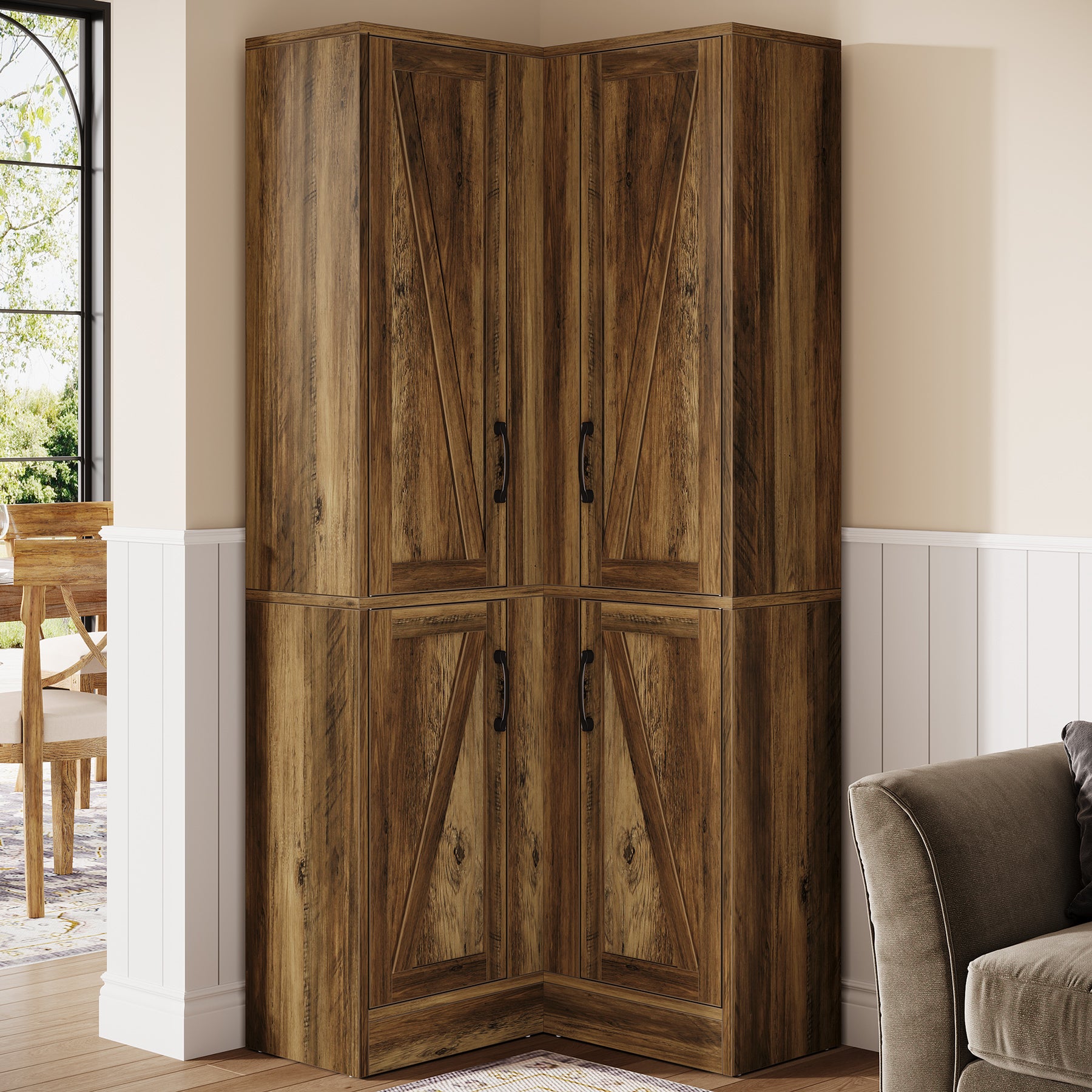 70.8" Corner Bookcase, Farmhouse Corner Storage Cabinet with Doors