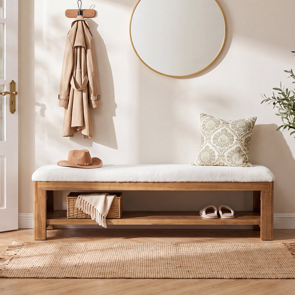 63" Solid Wood Entryway Bench with Cushion and Storage, Upholstered Shoe Bench for Hallway
