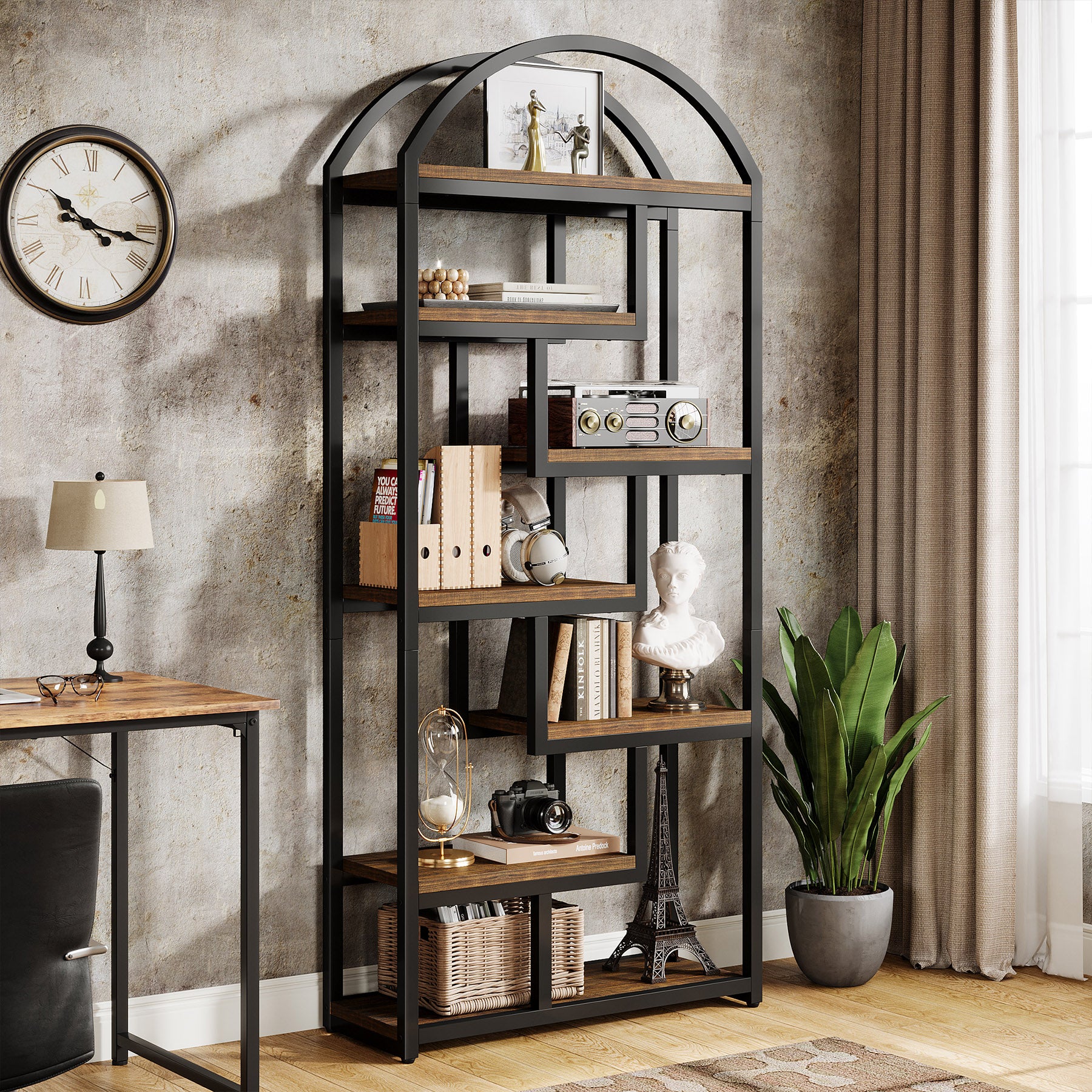 71" Industrial Bookshelf, Arched Bookcase with Open Display Shelves