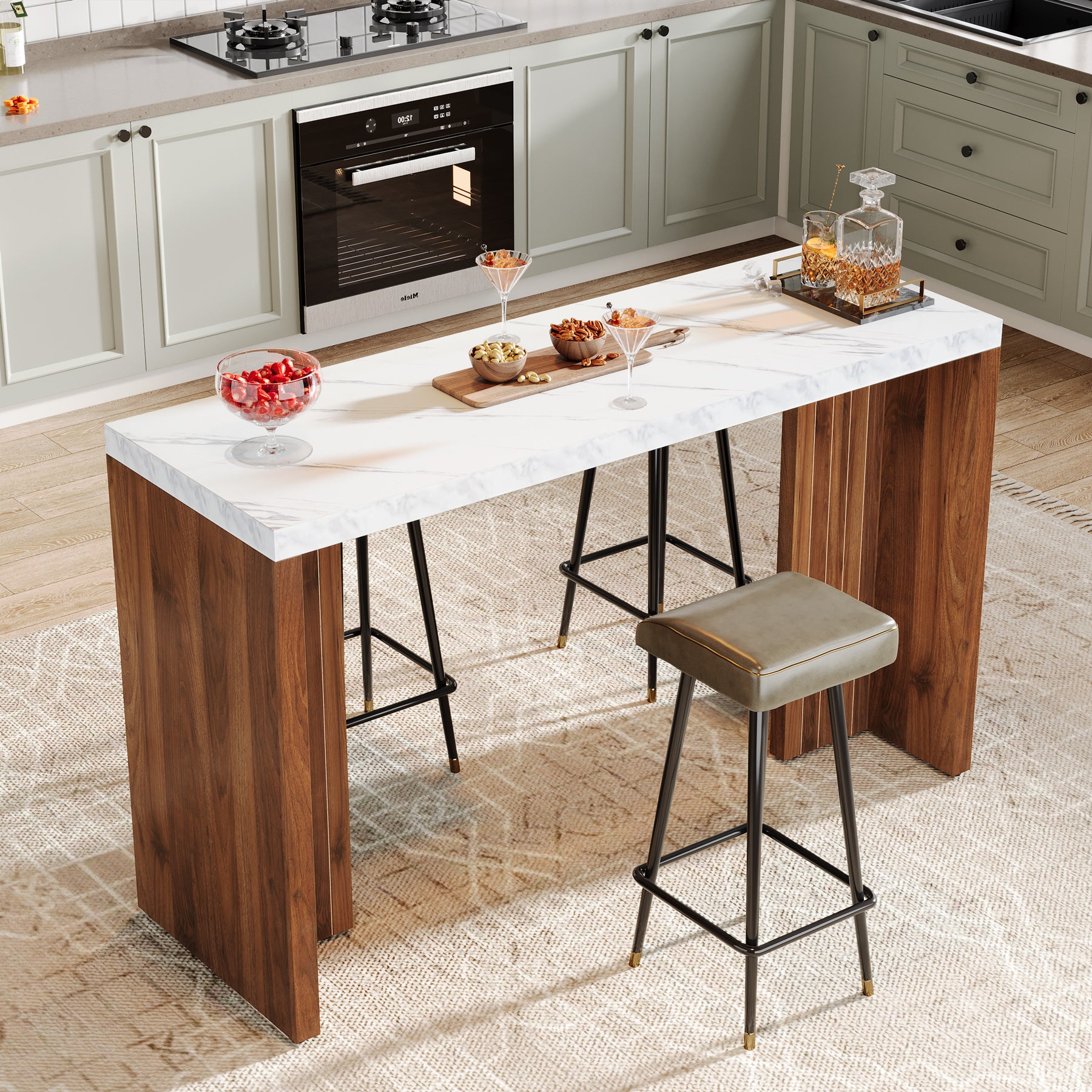 55" Bar Table, Moedern Counter Height Pub Table with Faux Marble Tabletop