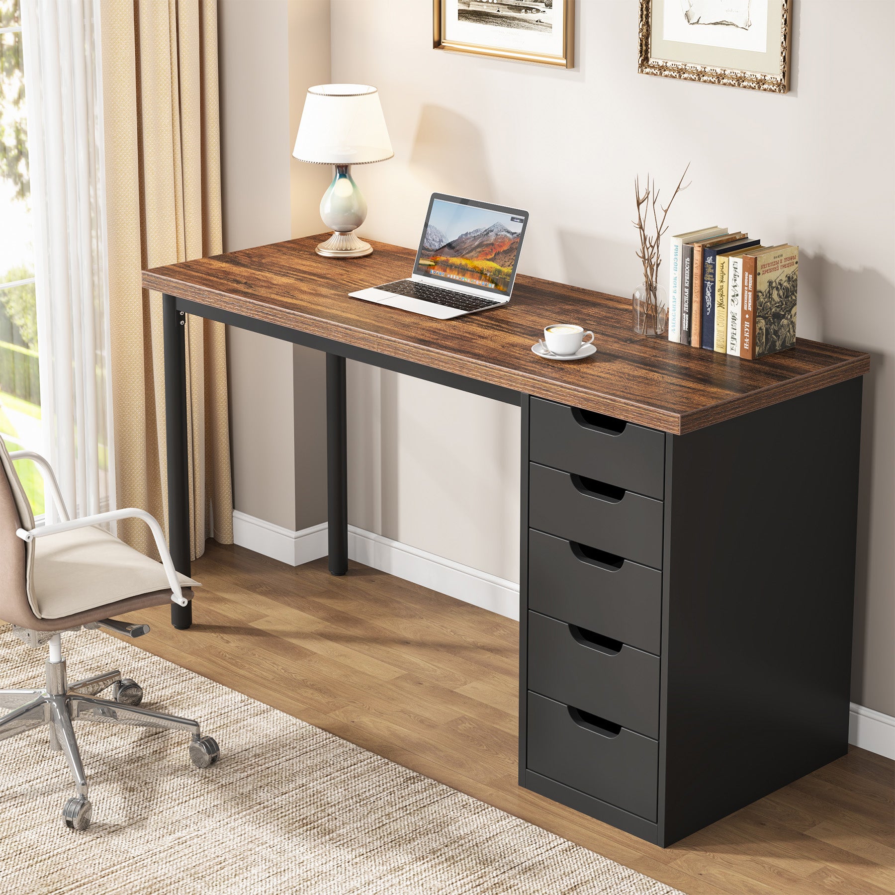 47" Computer Desk with 5 Drawers, Compact Storage Home Office Desk