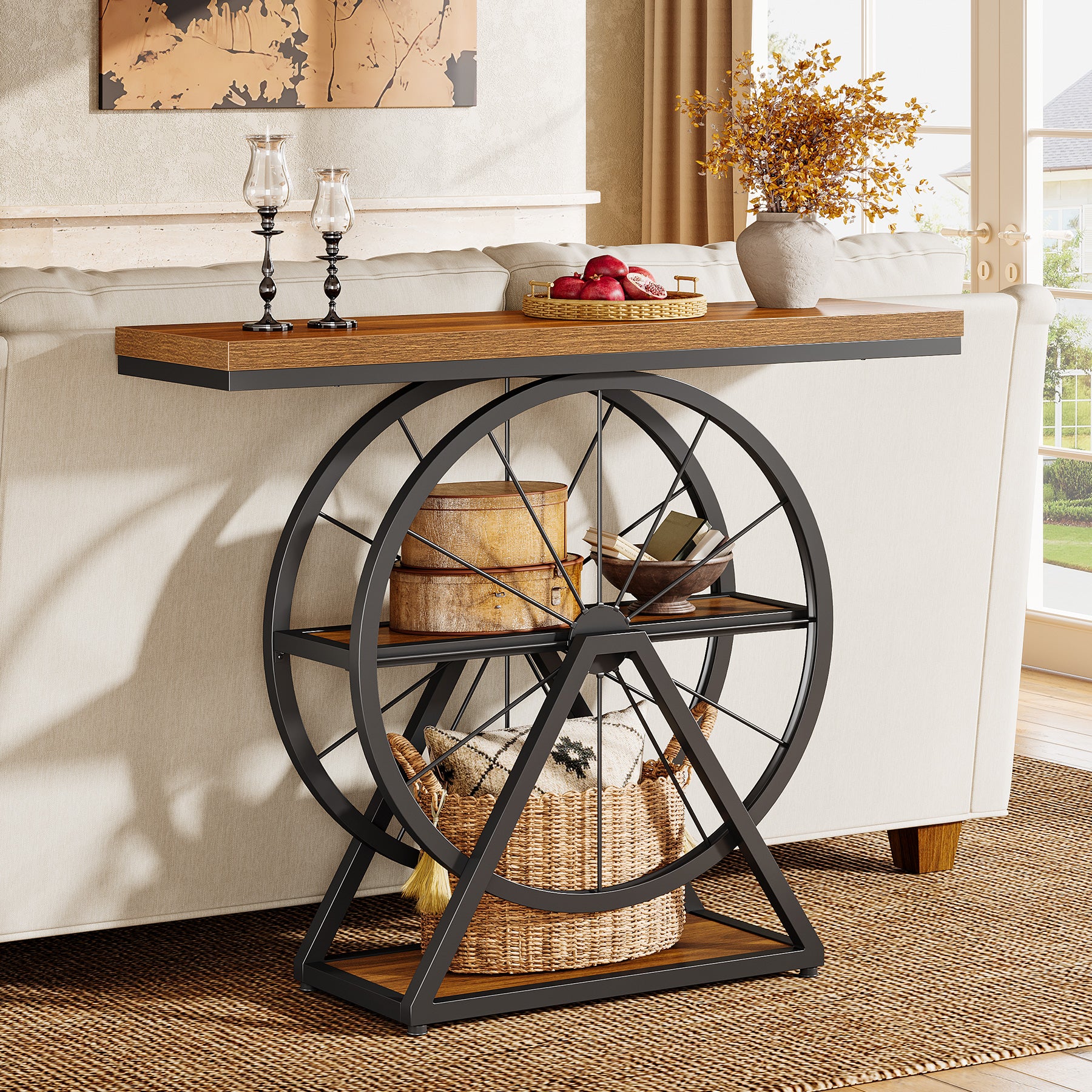 39.4" Industrial 3-Tier Console Table with Wheels, Narrow Entryway Sofa Table with Storage