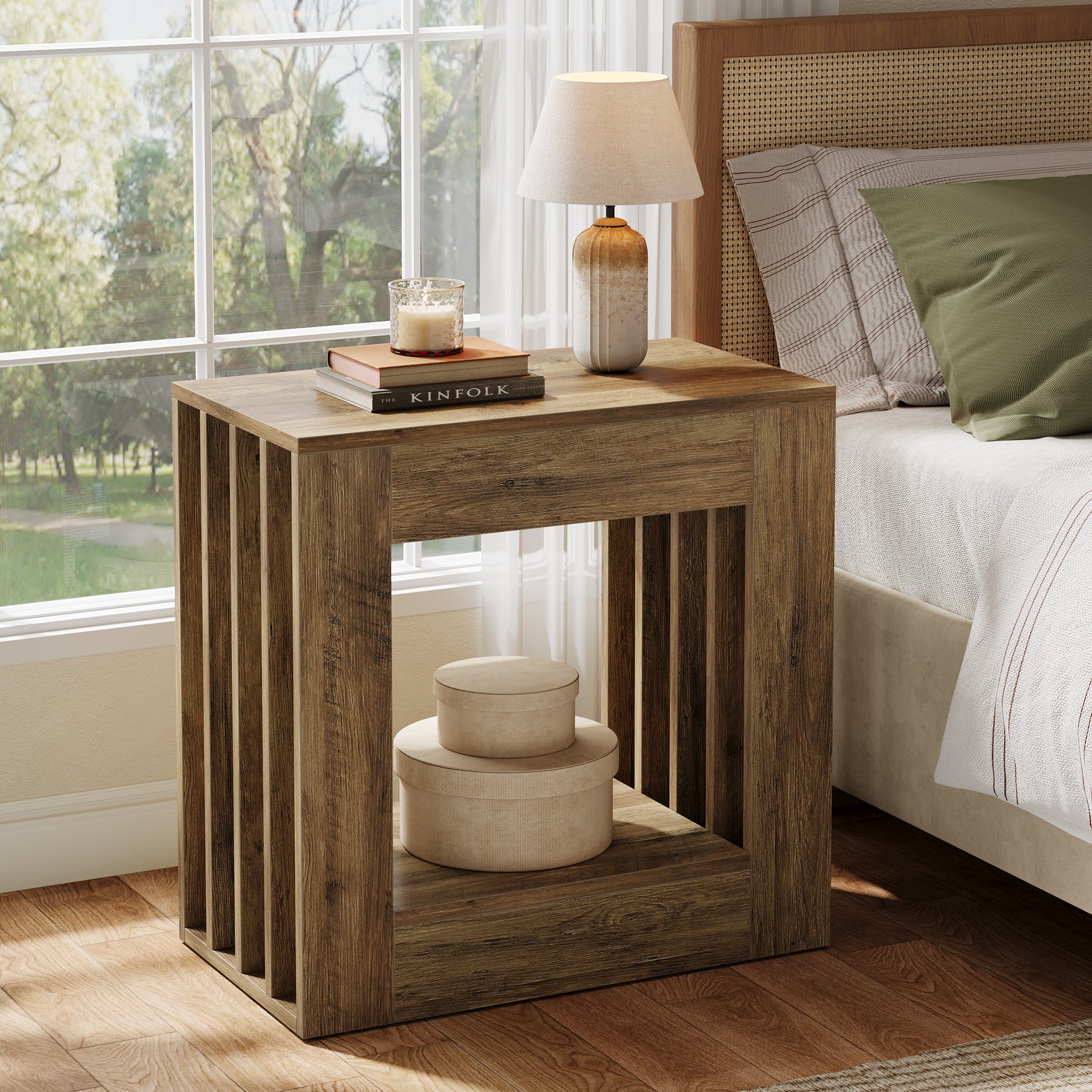 23.62" Farmhouse Narrow End Table, Rustic Square Nightstand with Storage Shelf