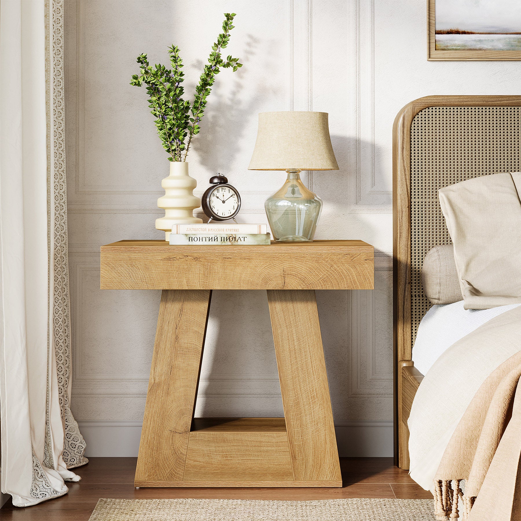 2-Tier Nightstand, Wooden Bedside Table with Trapezoid Base