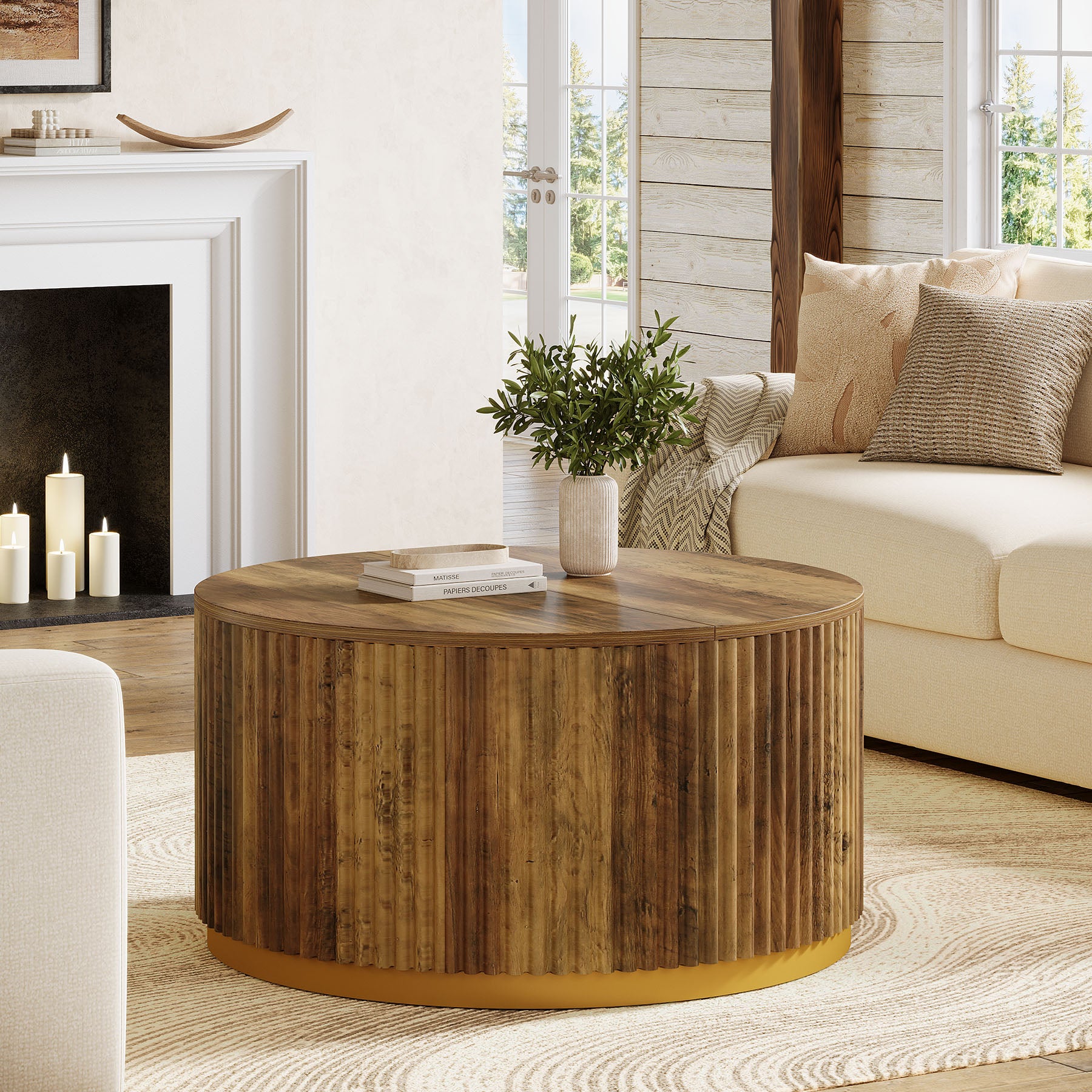 31.5" Round Coffee Table, Fluted Wooden Center Table with Sturdy Drum Base