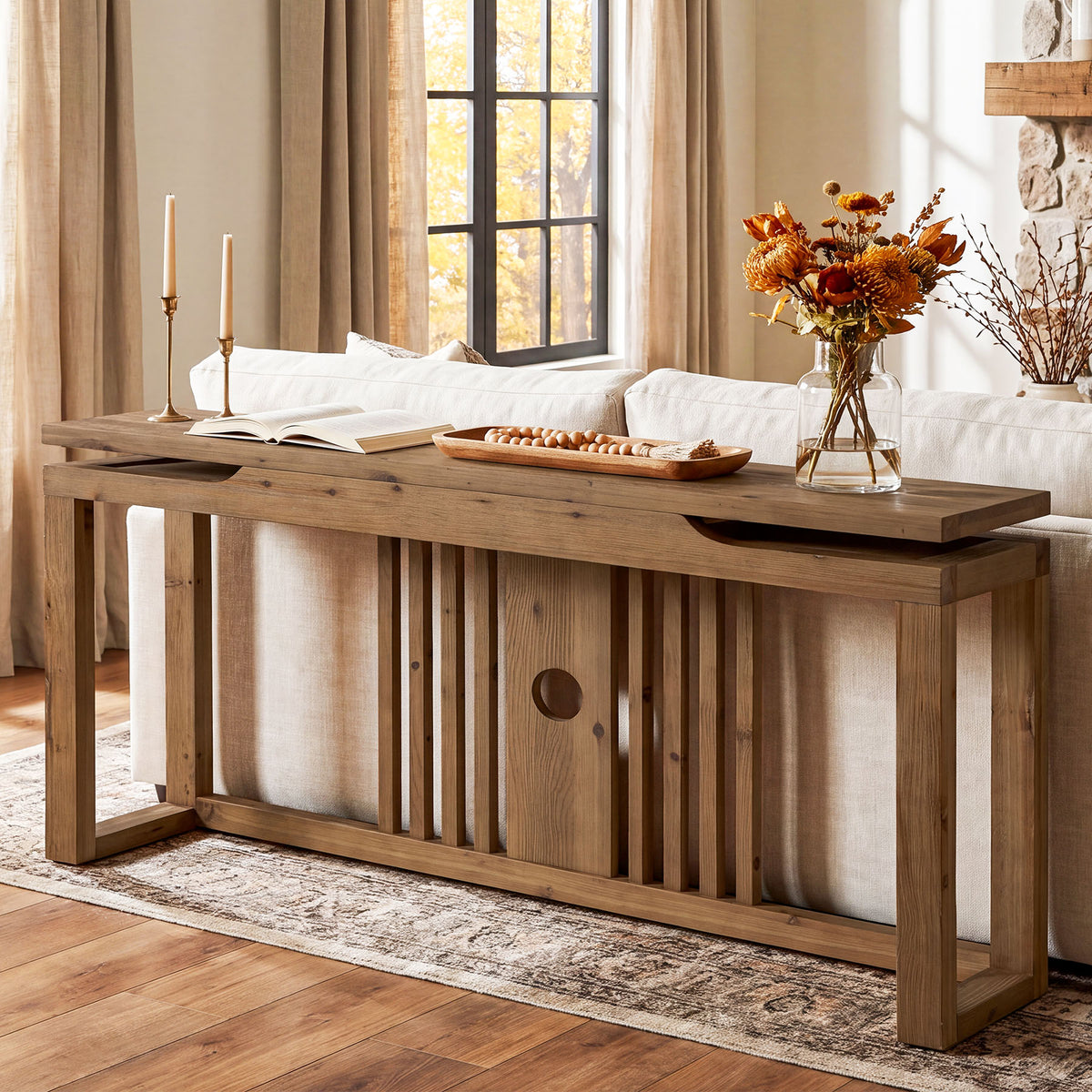 63" Solid Wood Console Table for Entryway, Farmhouse Sofa Table with Slatted Hollow Layered Design