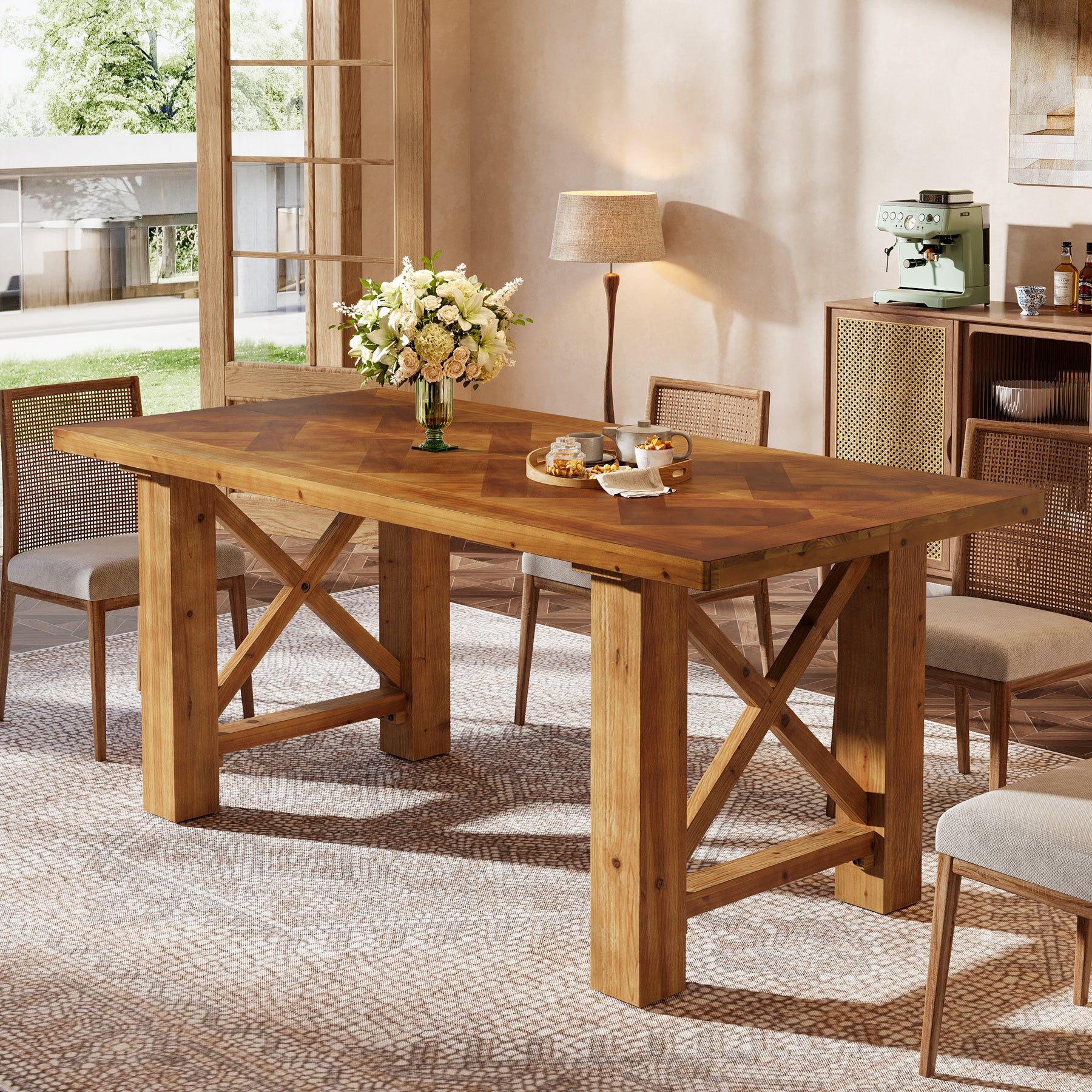 63" Solid Wood Dining Table for 4-6, Rectangle Kitchen Table with X-Shaped Frame