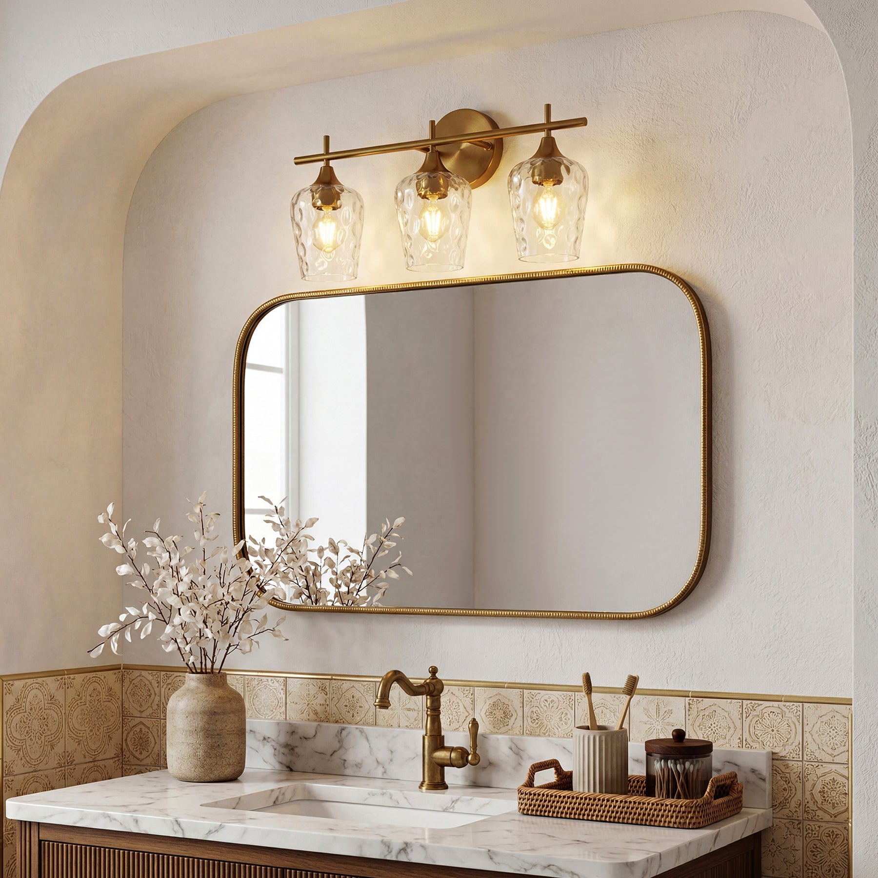 3-Light Bathroom Vanity Light, Modern Wall Sconce with Water Ripple Clear Glass Shades