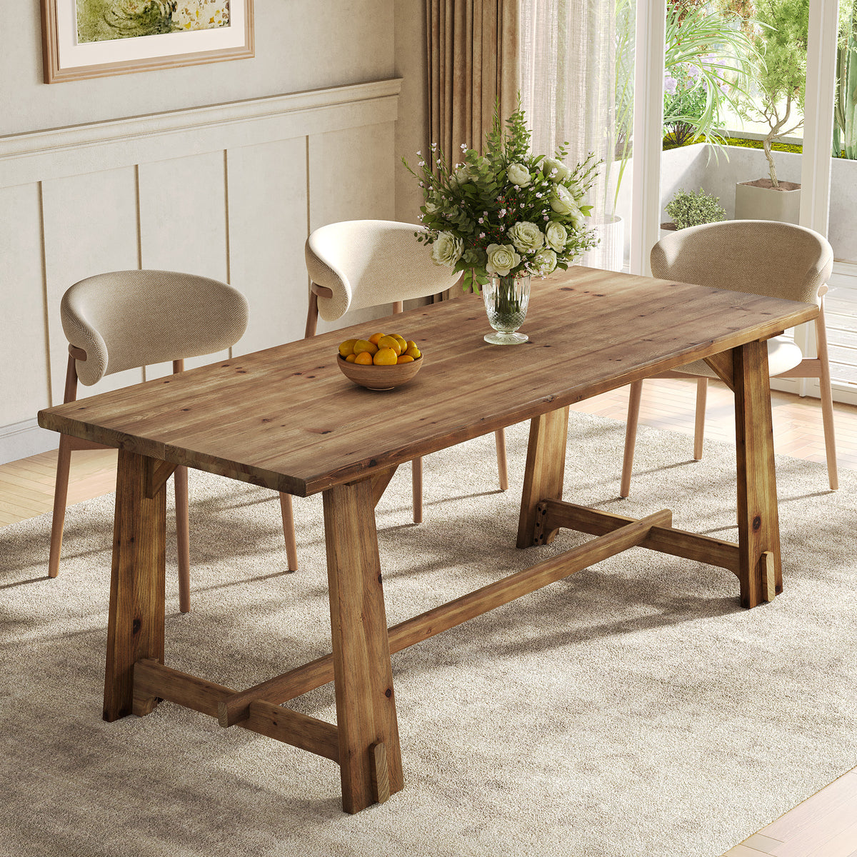63" Solid Wood Dining Table for 4-6 People, Rustic Farmhouse Kitchen ...