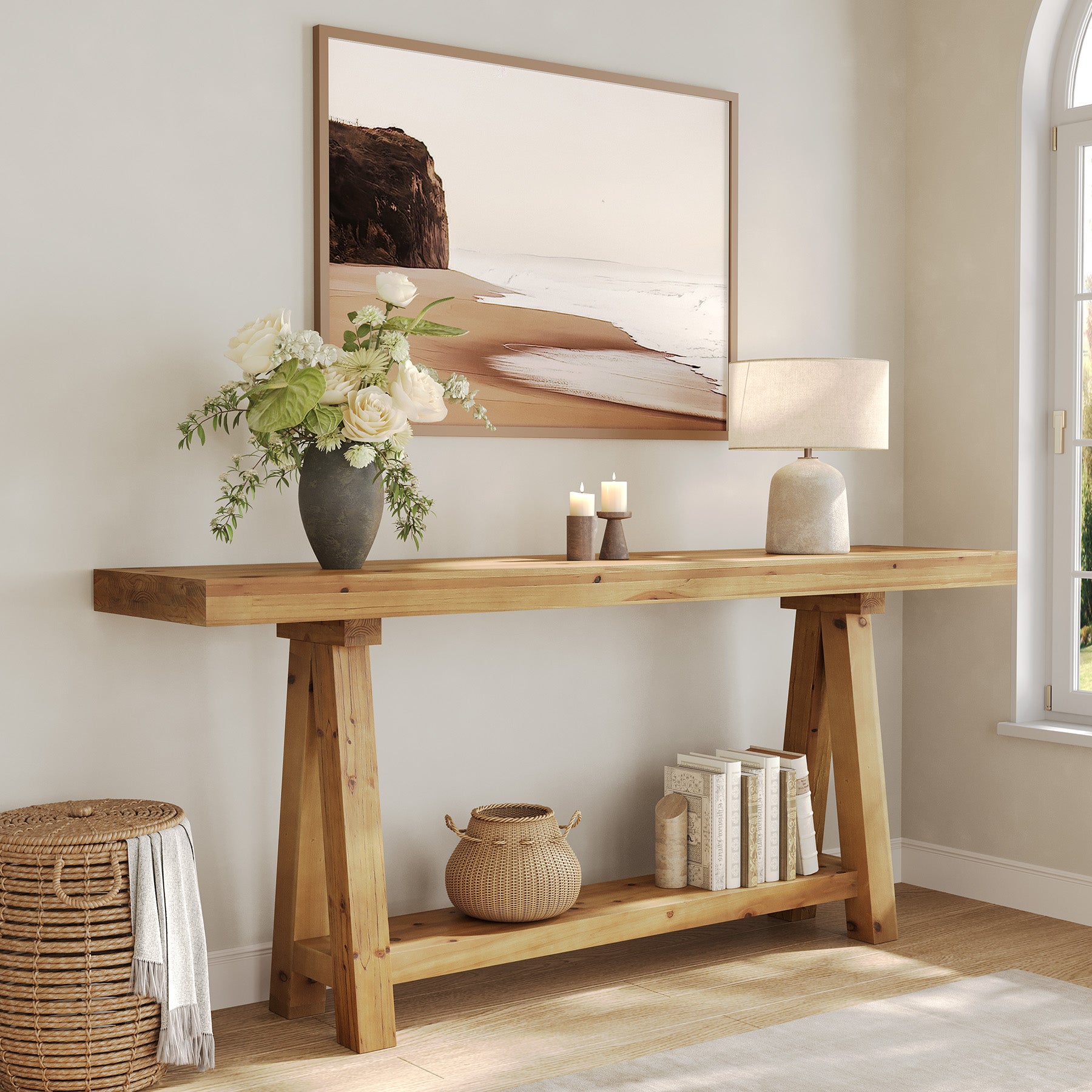 Solid Wood Console Table, 70.87" Sofa Table with Shelves for Entryway