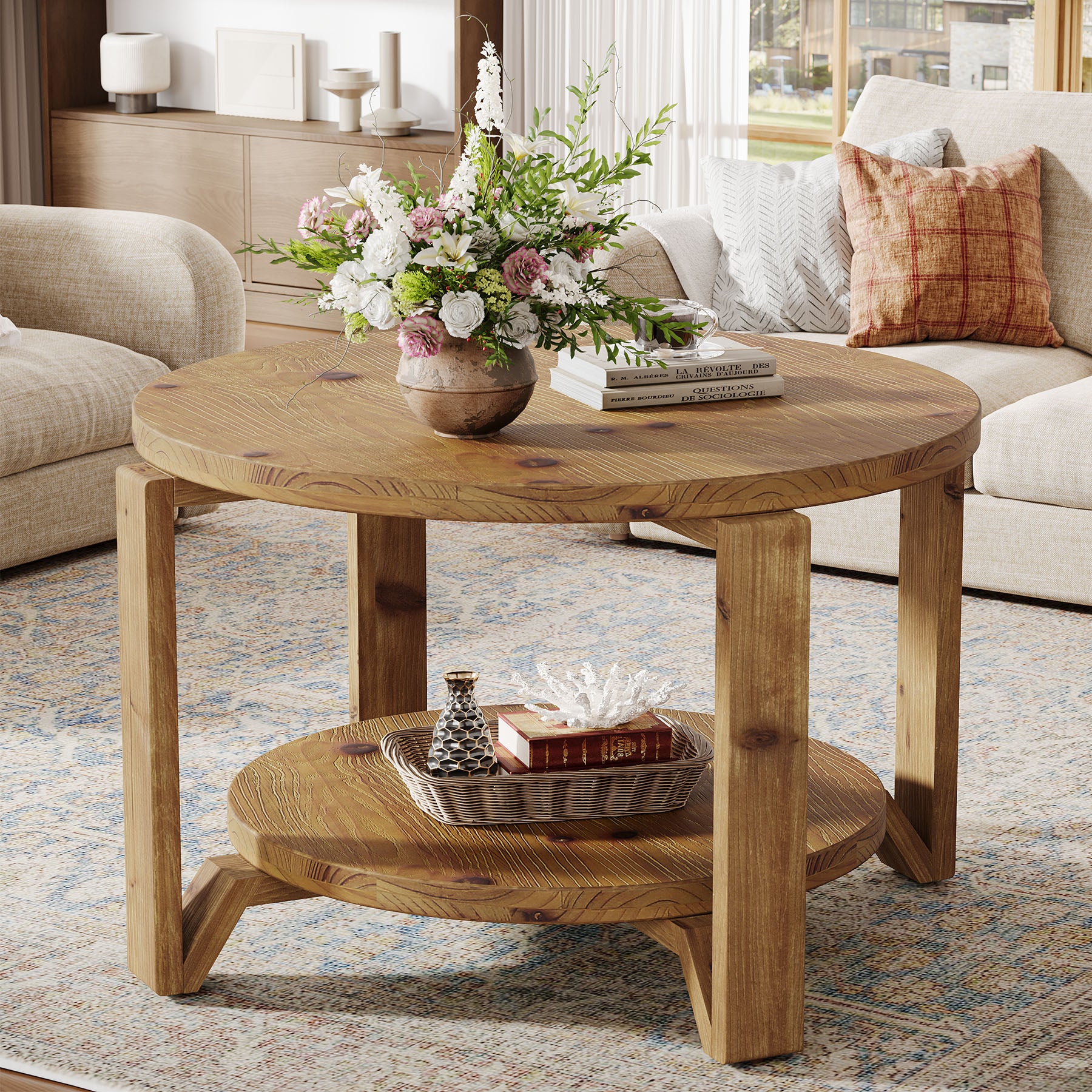 30" Solid Wood Coffee Table, Round Small Center Table with 2-Tier Storage