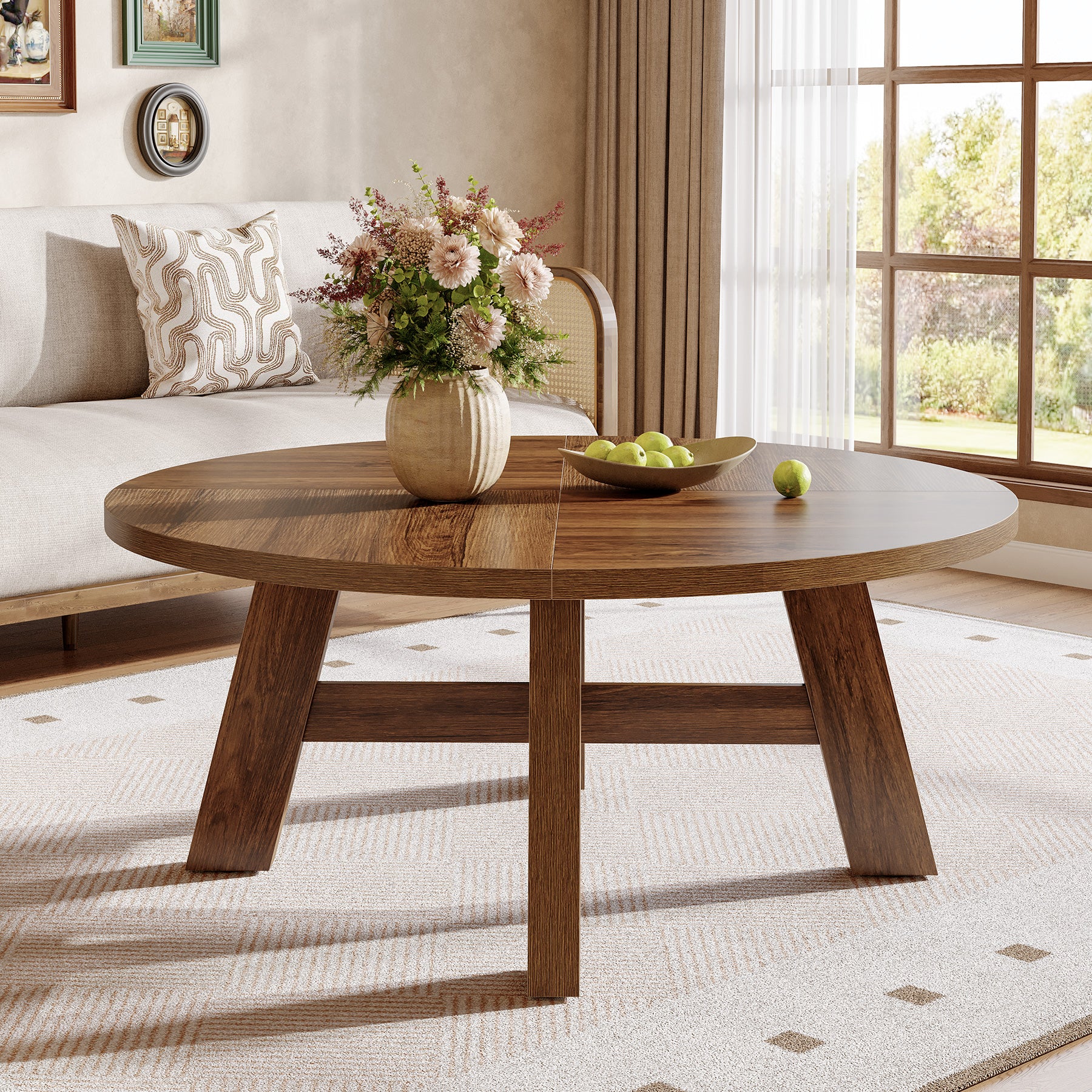 Round Coffee Table, 39" Circle Center Table with Reinforced Cross Brace