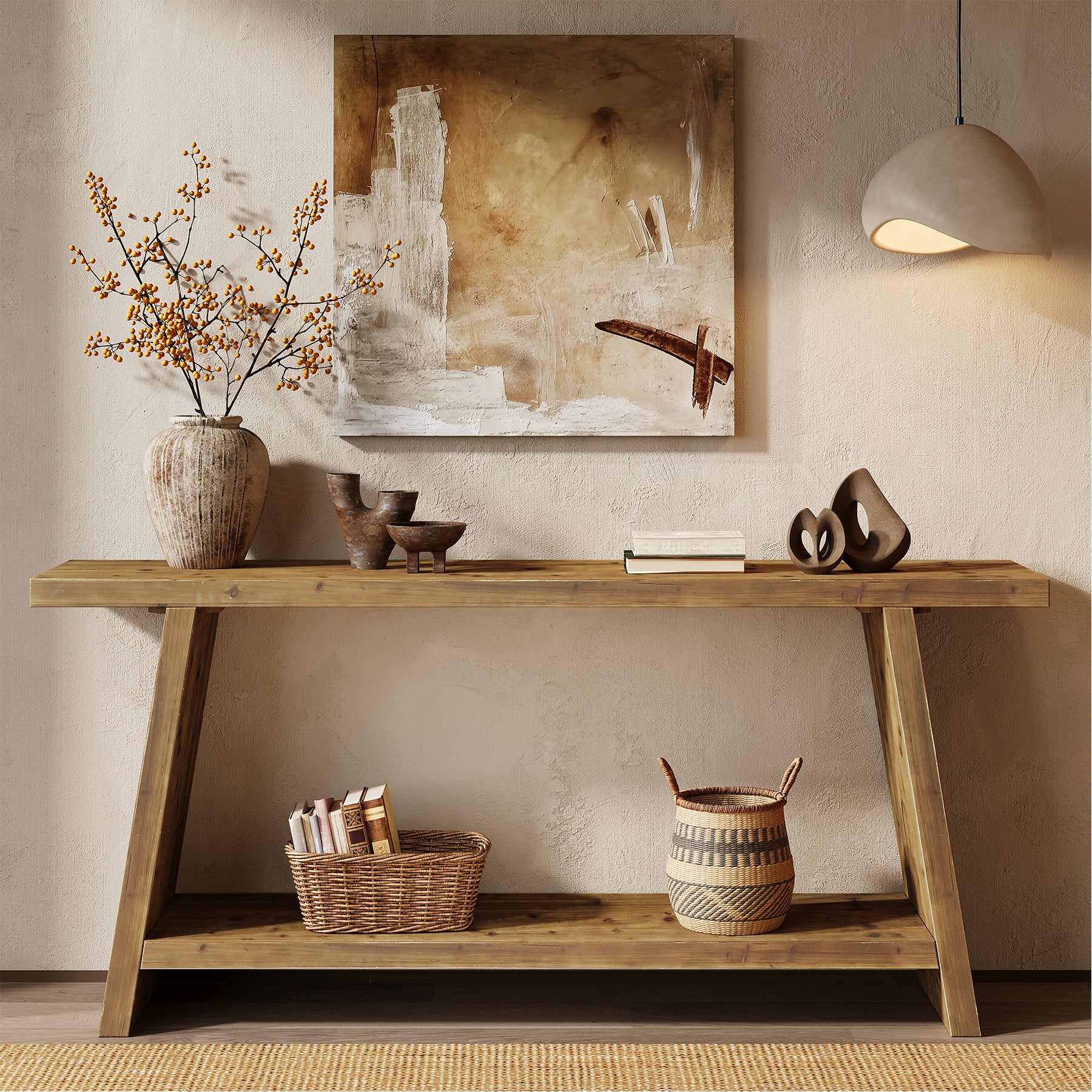 Solid Wood Console Table, 70.9" Sofa Table Behind Couch with 2-Tier Storage