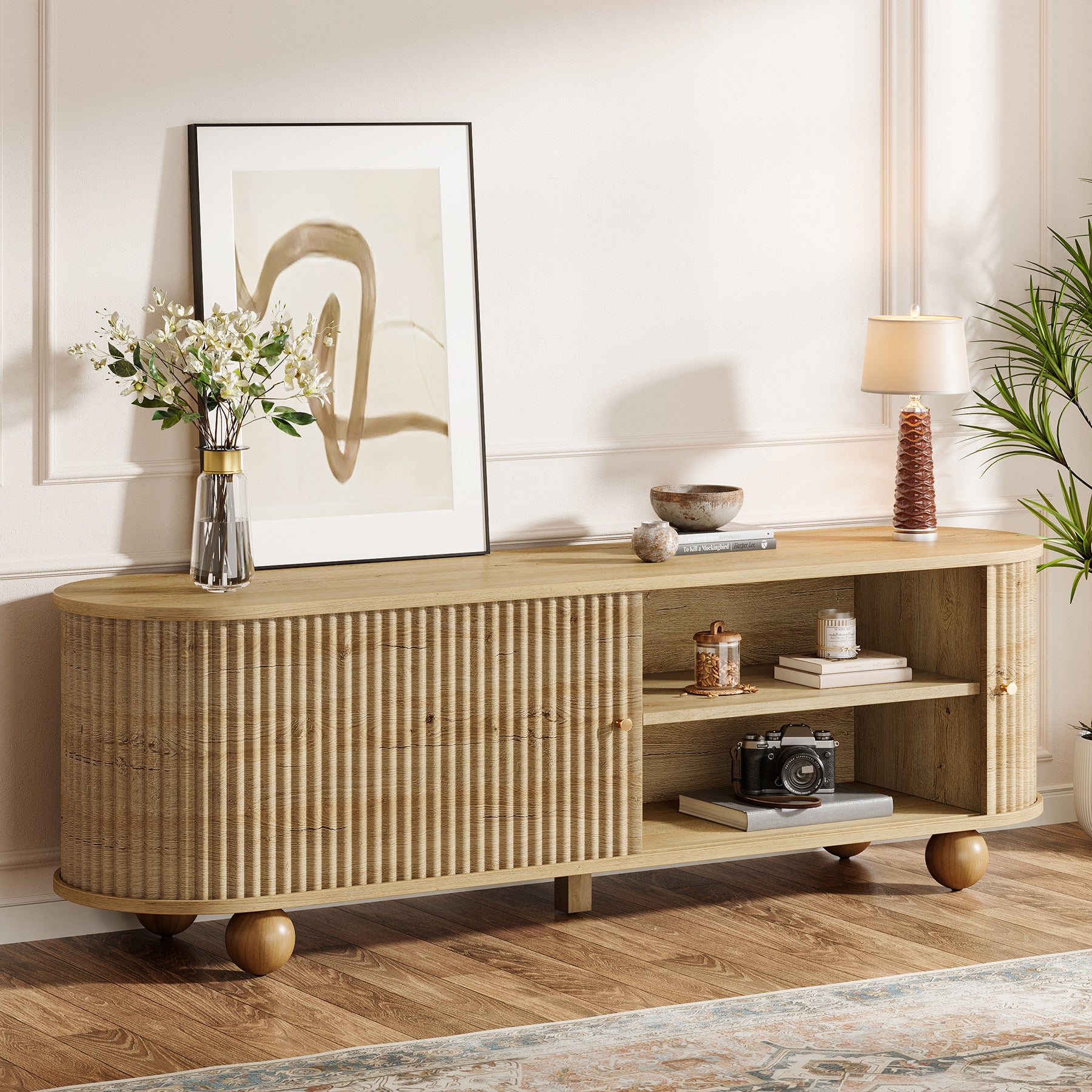 70" TV Stand, Farmhouse Media Console with Shelves and Sliding Doors