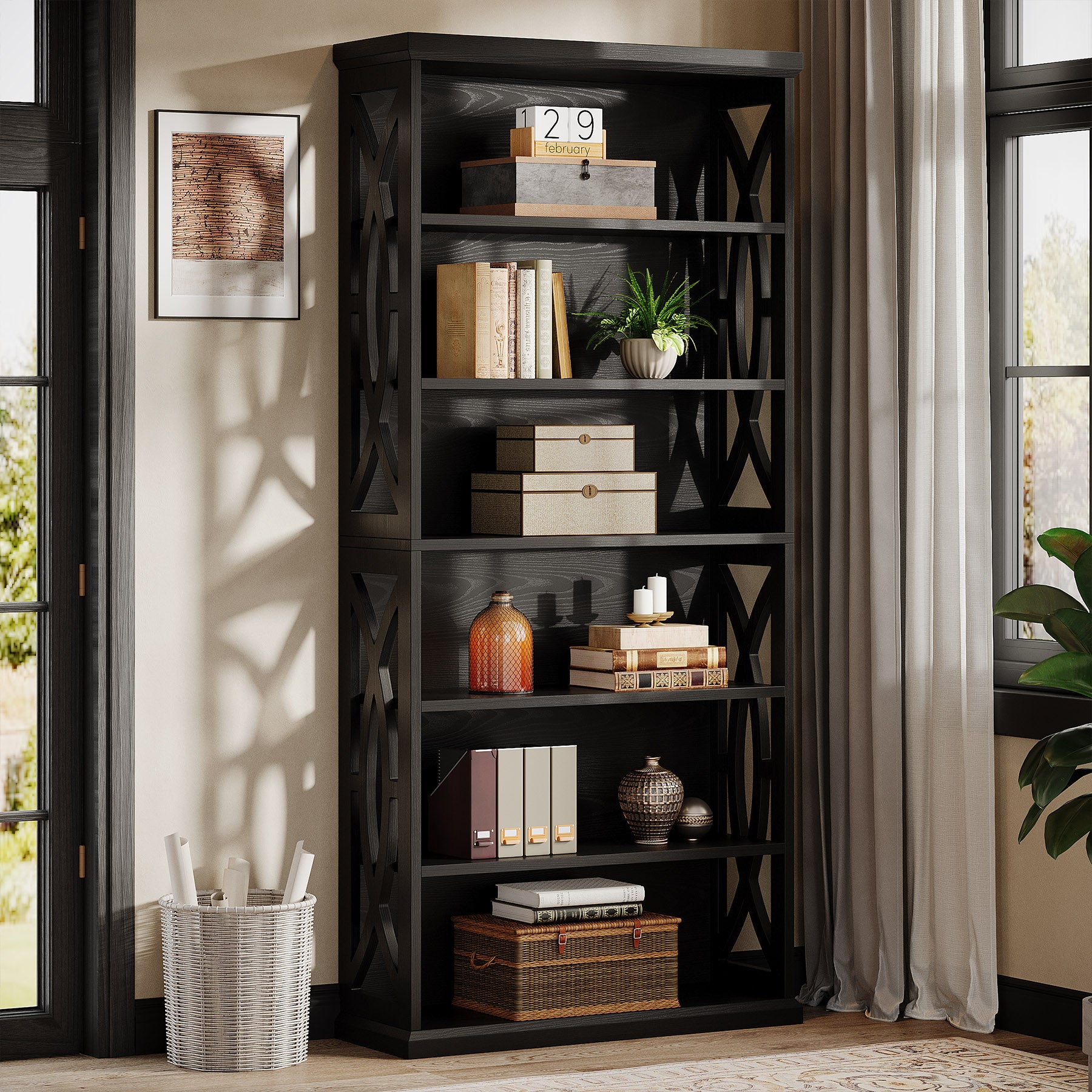 71" Wooden Bookshelf, 6-Tier Freestanding Bookcase Display Shelves