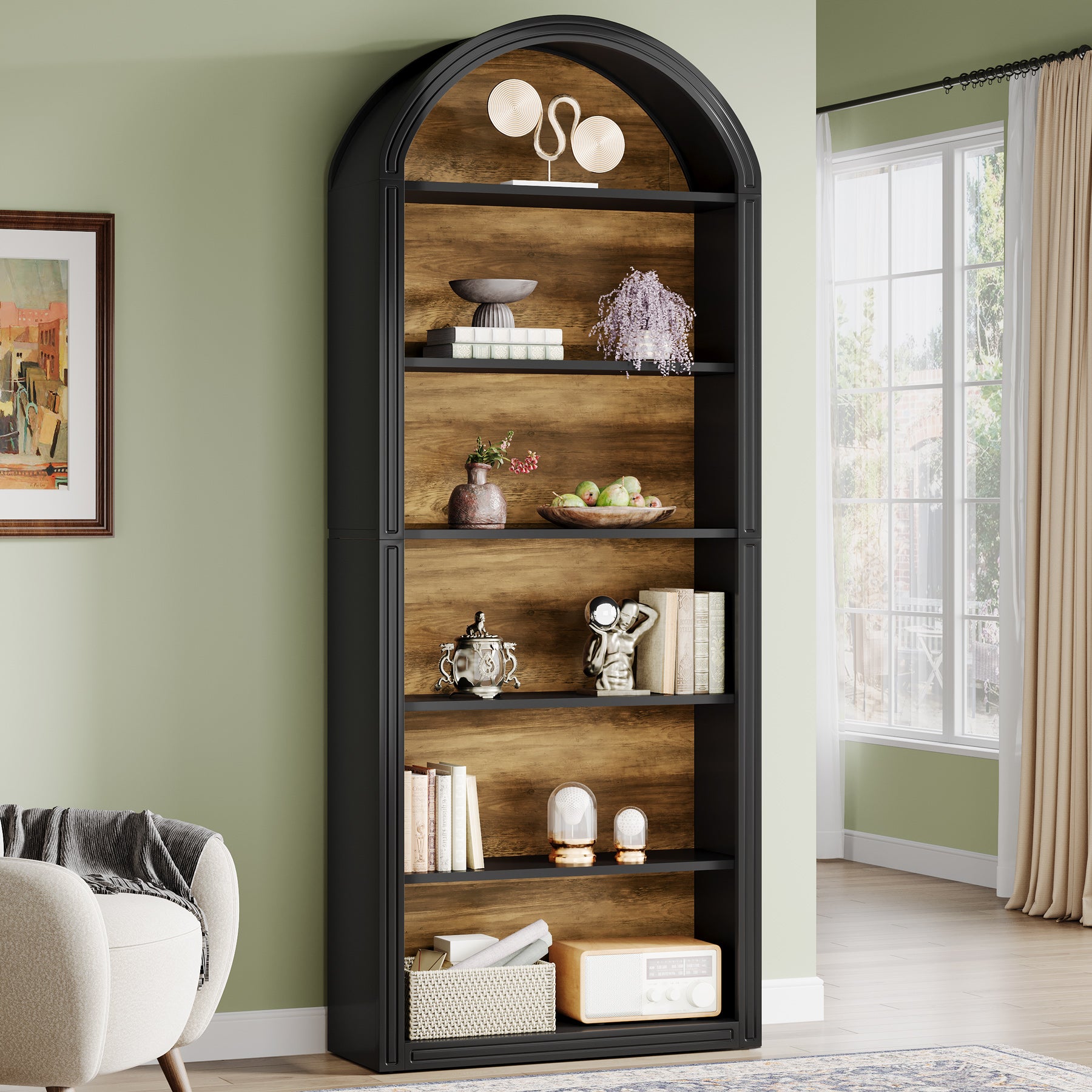 6/8-Tier Tall Bookshelf, Wooden Arched Bookcase Display Shelving Unit