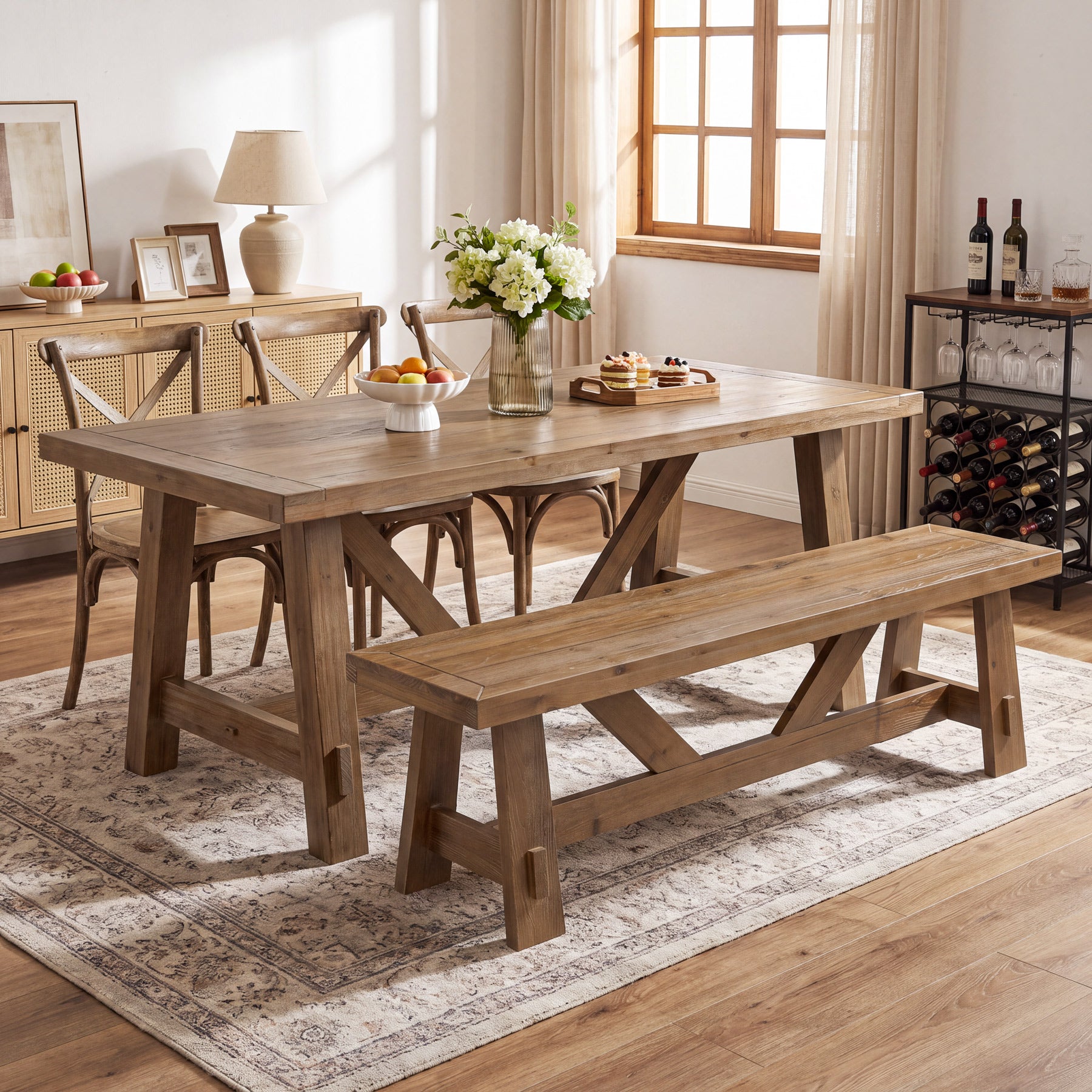 55" Solid Wood Dining Bench, Farmhouse Wooden Kitchen Bench for Dining Room