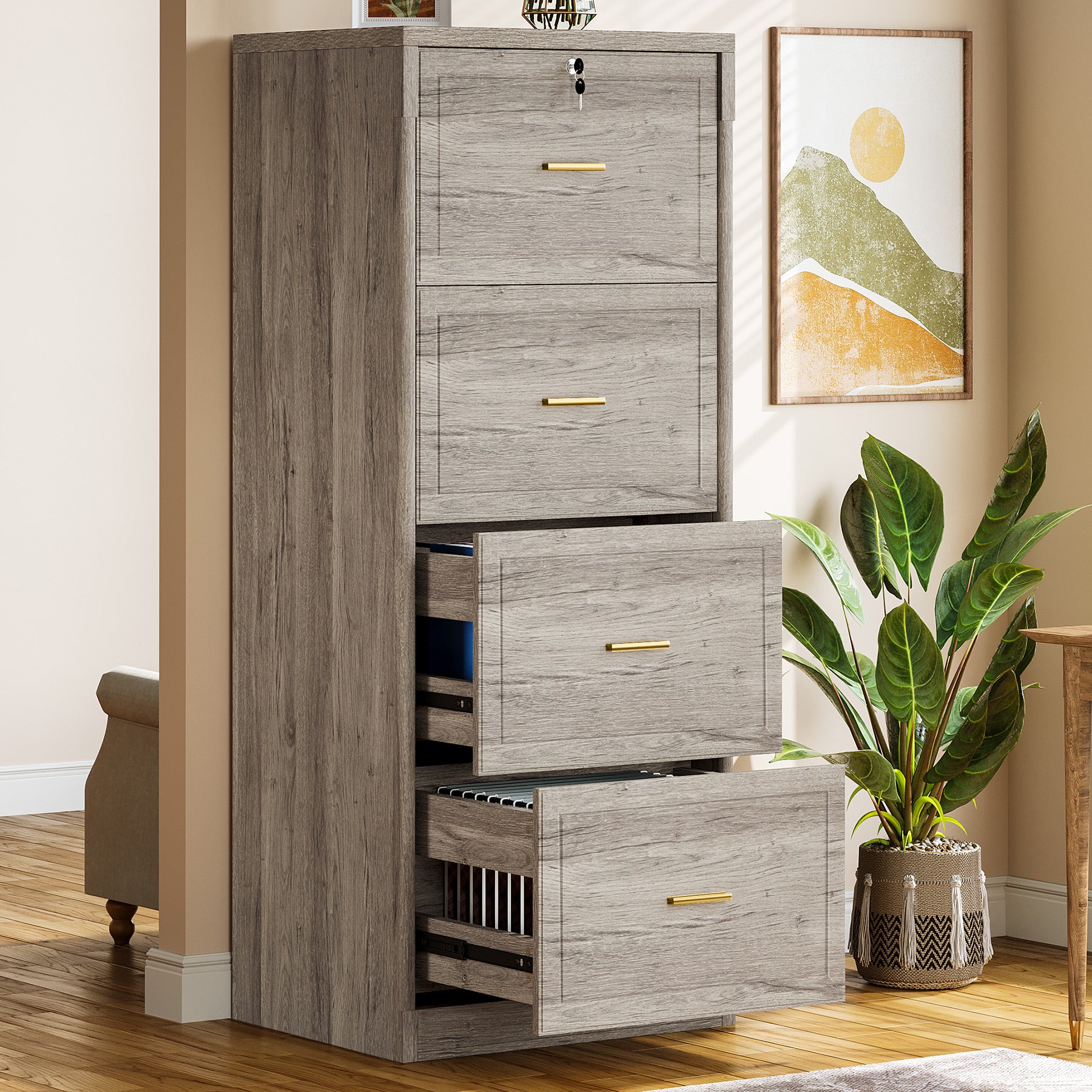 51" File Cabinet, Vertical Filing Cabinet with 4 Storage Drawers