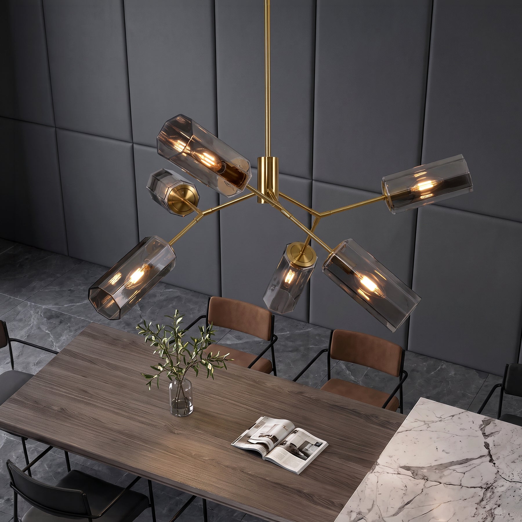 6-Light Branch Chandelier, Modern Adjustable-Height Pendant Lighting with Smoky Grey Glass