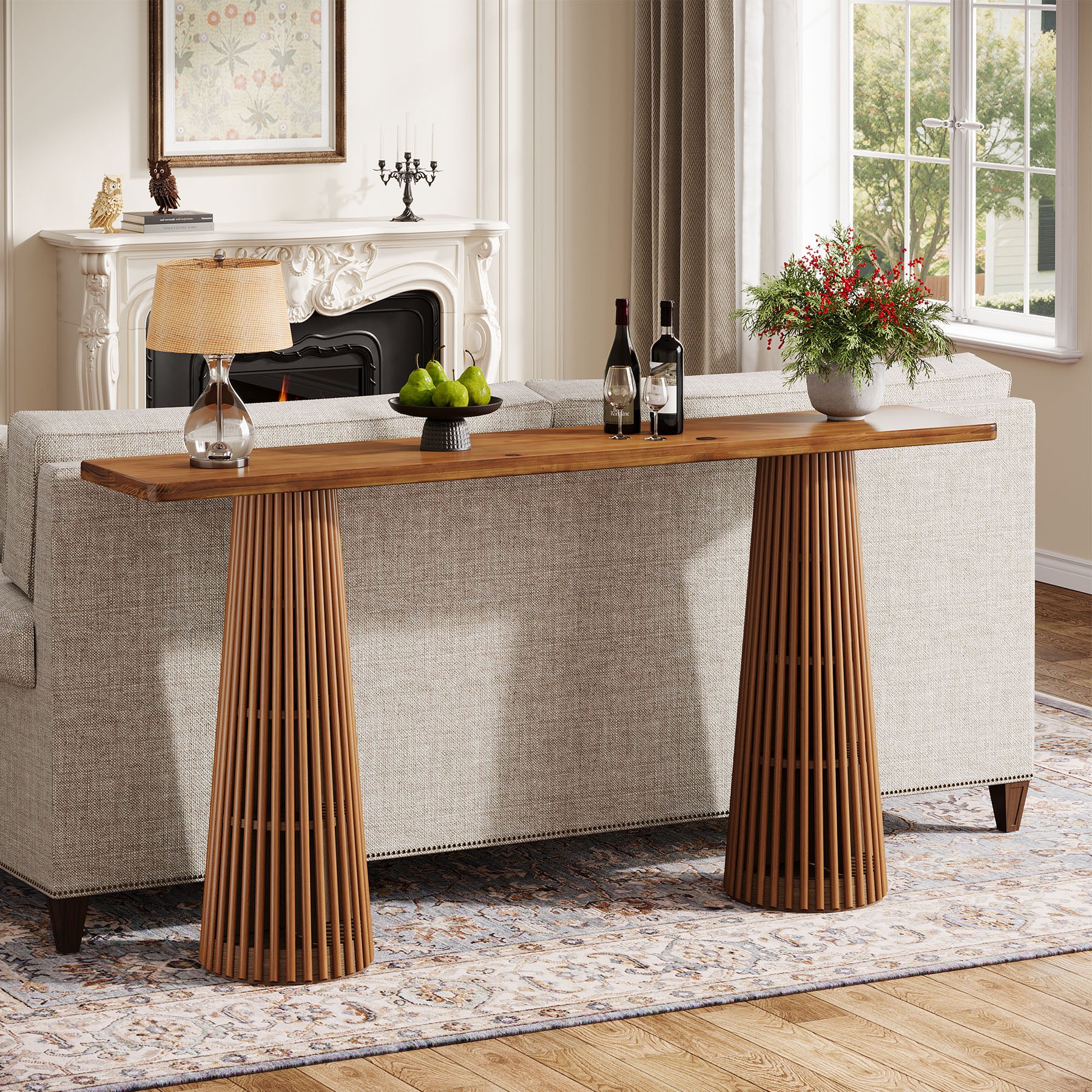 63" Console Table with Unique Base, Wooden Sofa Table Behind The Couch