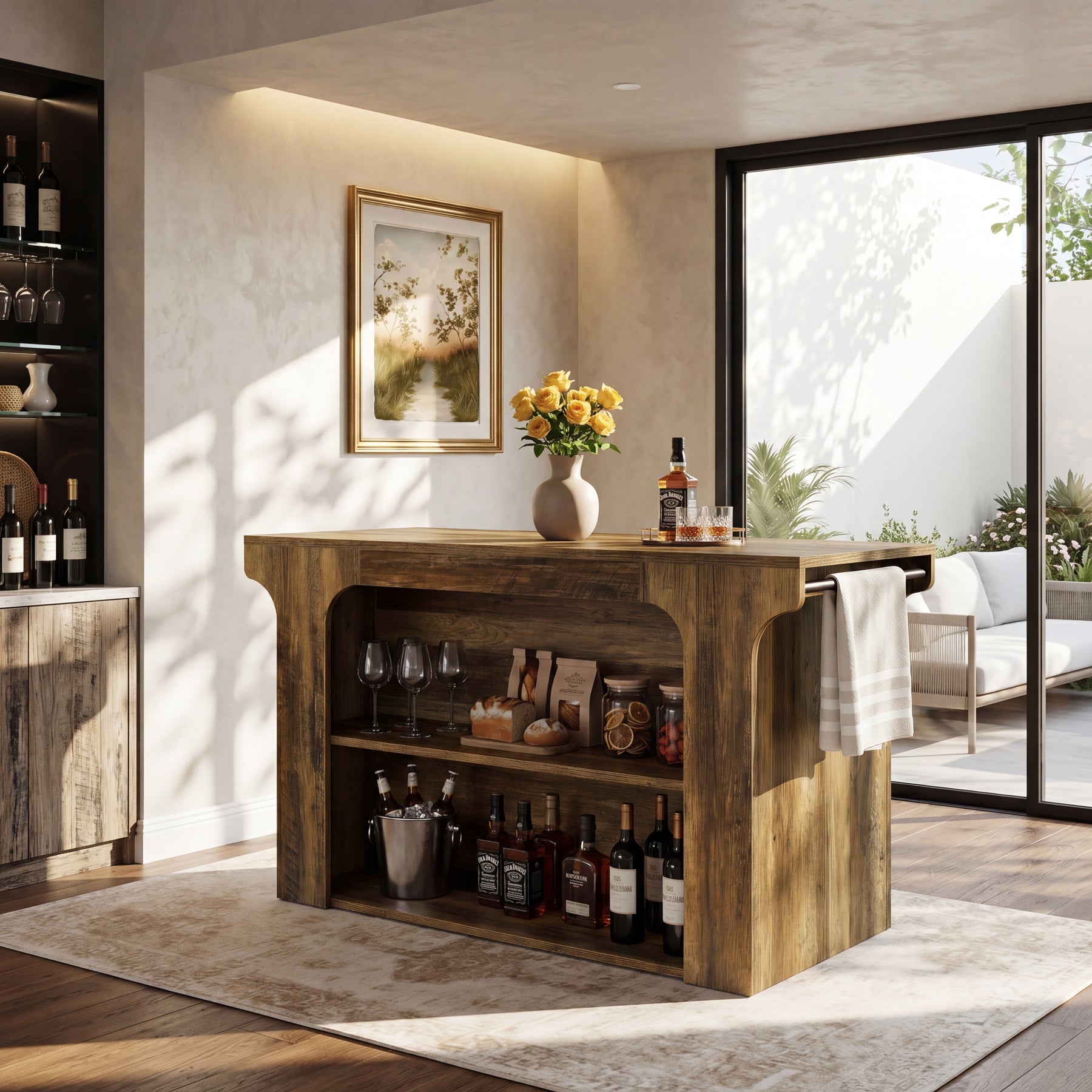 55" Rectangular Bar Table, Island Bar Station with Storage and 2 Shelves