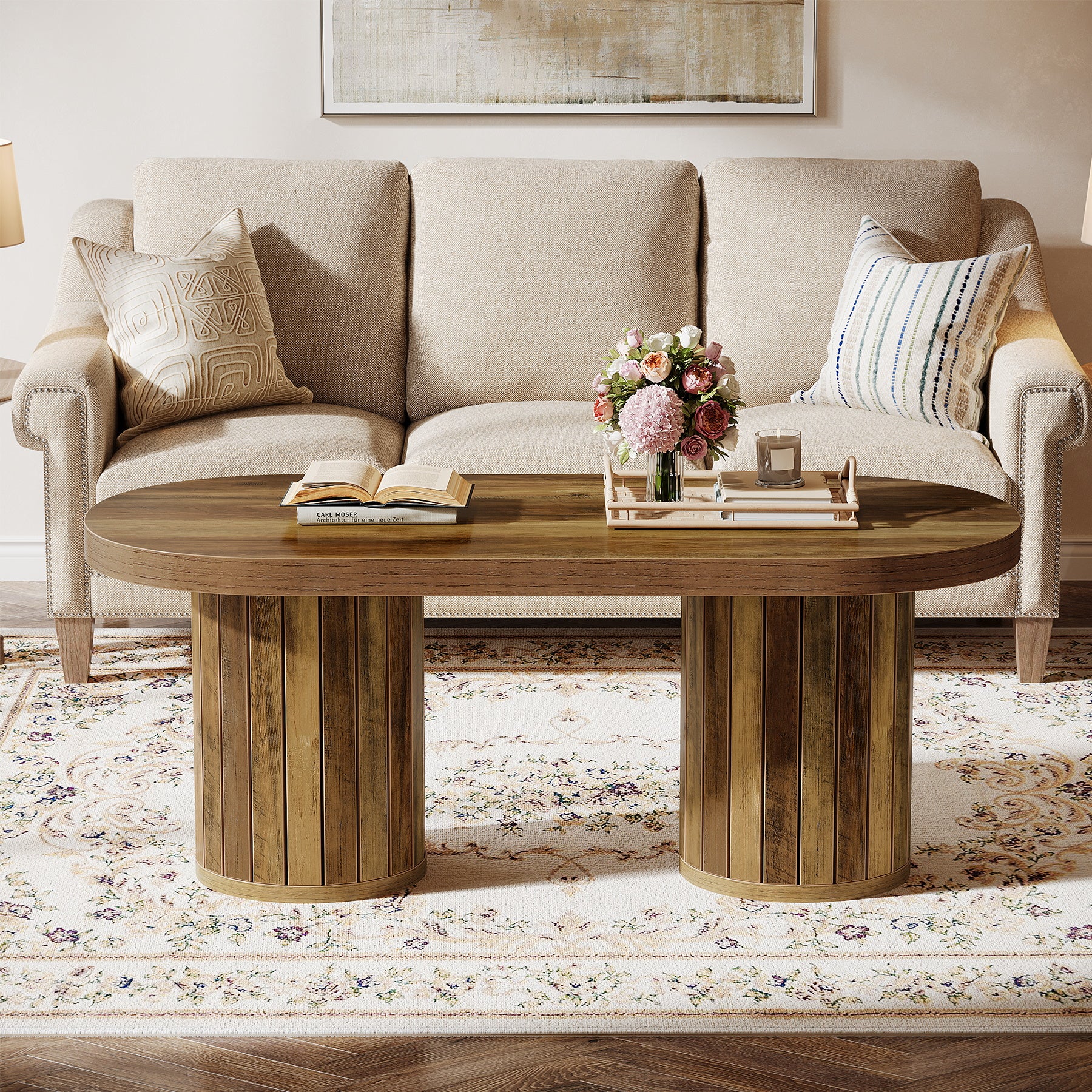 Oval Coffee Table, 47.2" Accent Center Table with Fluted Cylindrical Legs