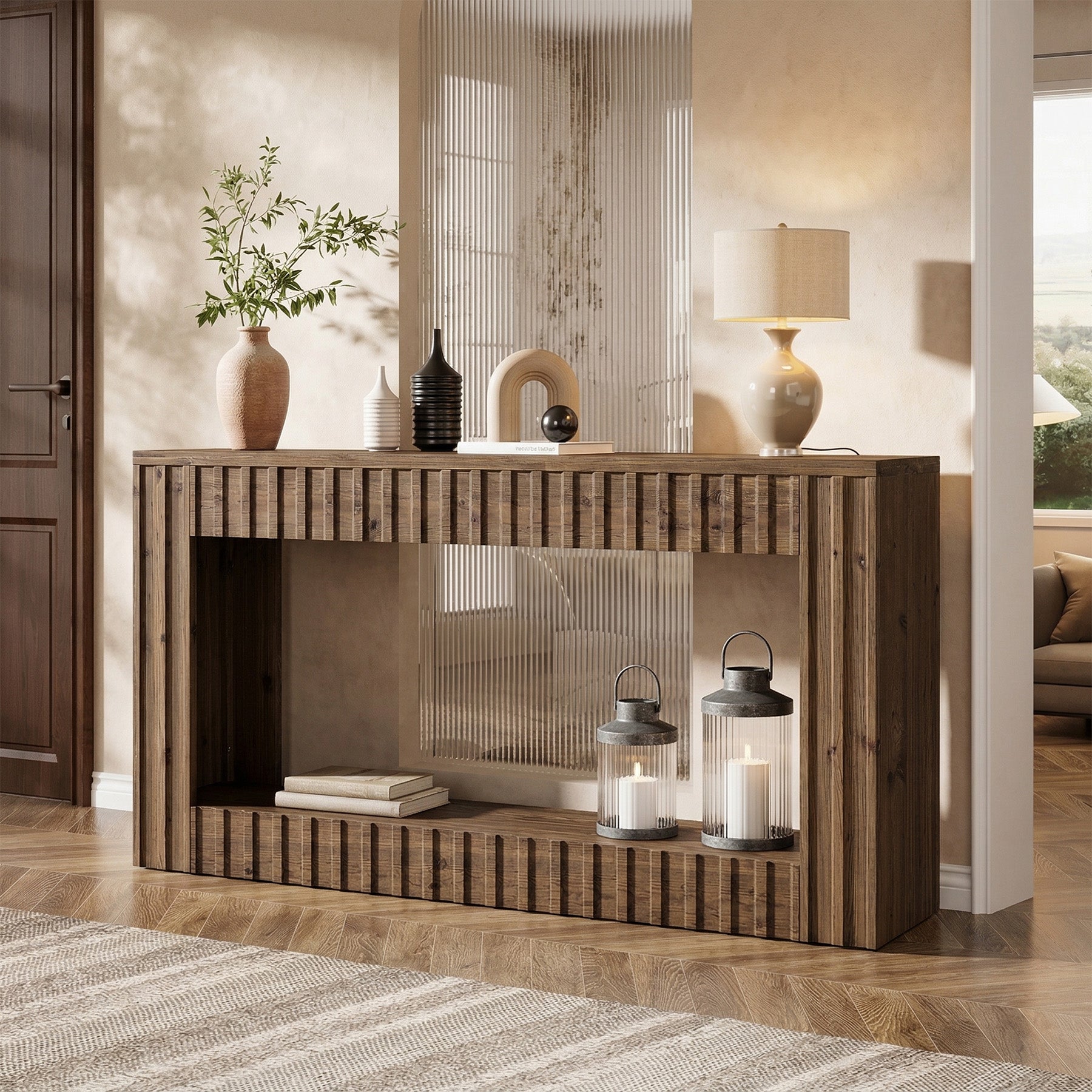 63" Solid Wood Sofa Table, Rustic Console Table with Open Shelf for Entryway, Hallway, or Behind Couch