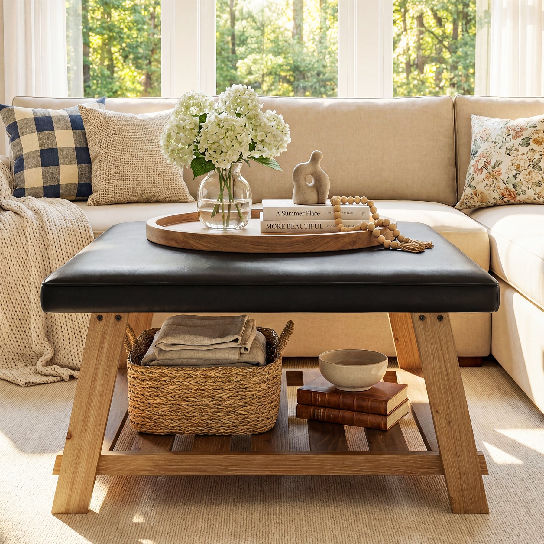 31.5" Square Ottoman Coffee Table with Storage Shelf