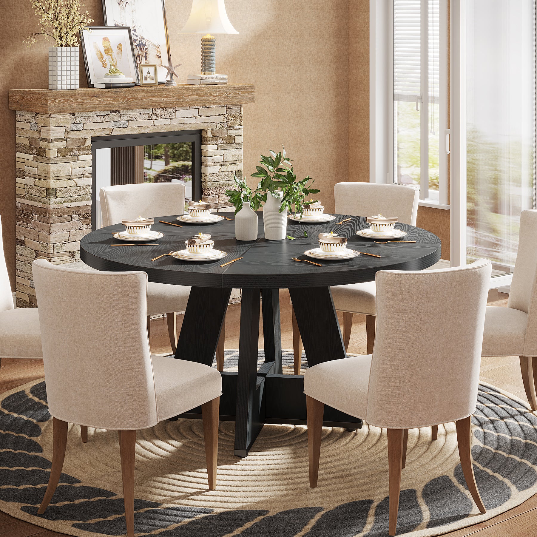 47" Round Farmhouse Dining Table for 4 People, Rustic Dining Room Table