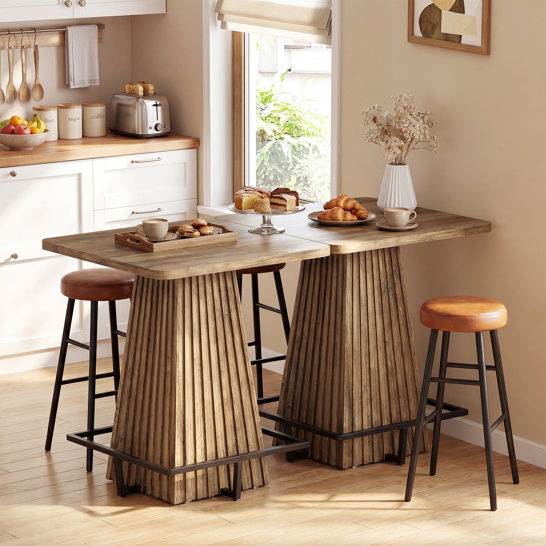 37.4" Square Bar Table, Farmhouse Counter Height Pub Table with Metal Footrest
