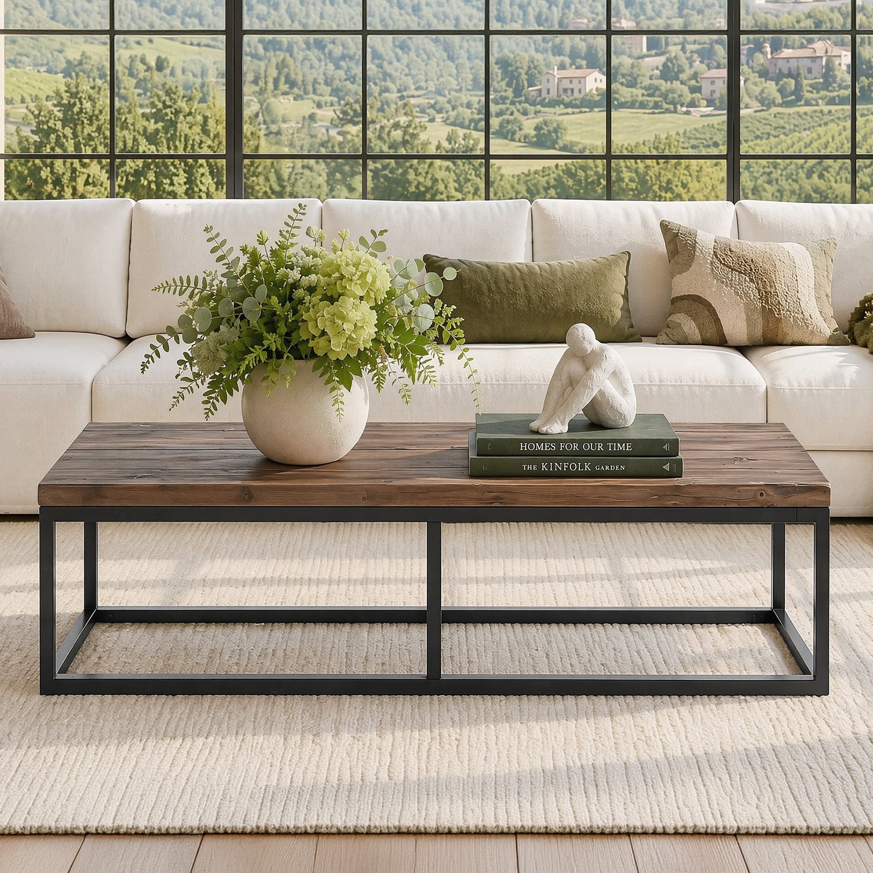55" Solid Wood Coffee Table, Rectangular Center Table with Steel Frame for Living Room