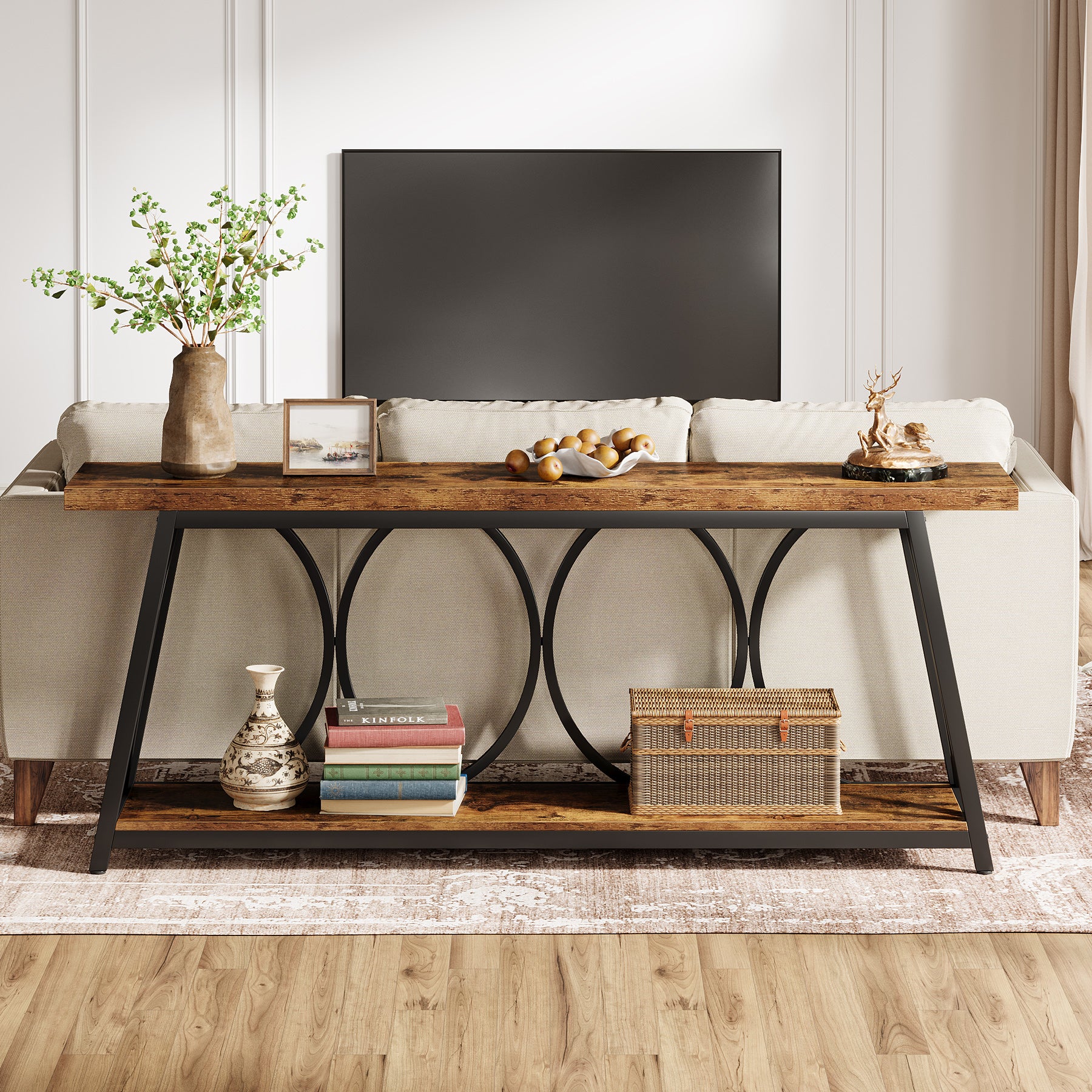 70.9" 2-Tier Industrial Console Table, Sofa Table with Shelves for Living Room or Entryway