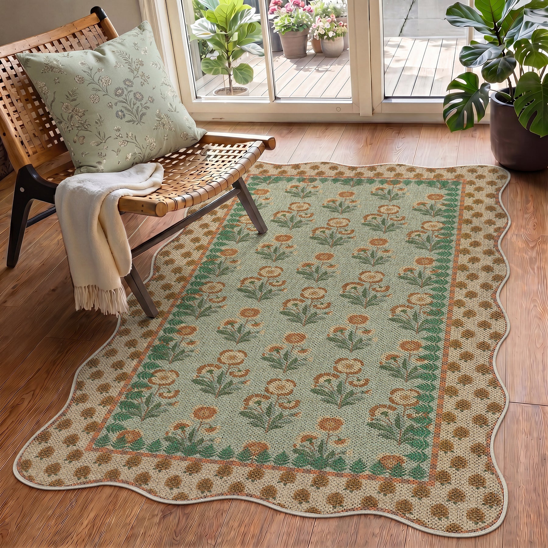 2x6/3x5 Scalloped Floral Easy Jute Washable Area Rug, Farmhouse Soft Low Pile Carpet for Hallway & Entryway, Oeko-Tex Certified