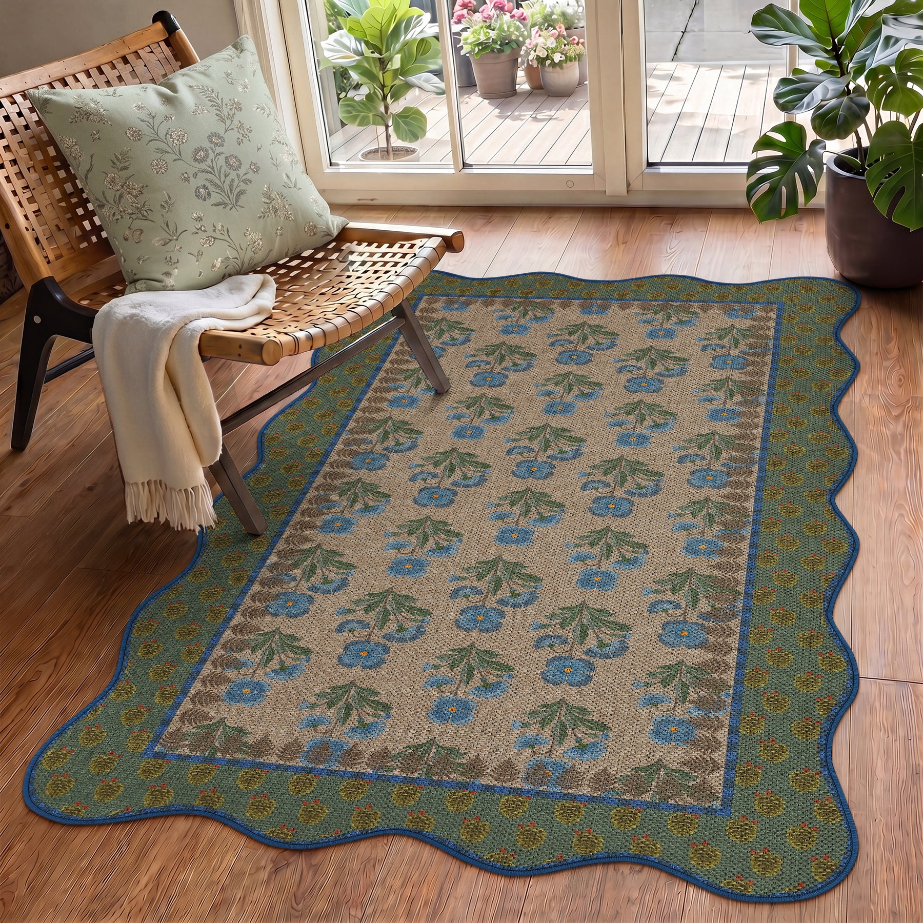 2x6/3x5 Scalloped Floral Easy Jute Washable Area Rug, Farmhouse Soft Low Pile Carpet for Hallway & Entryway, Oeko-Tex Certified