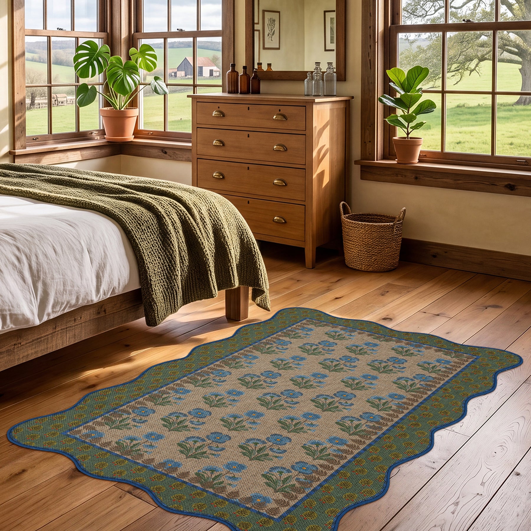 2x6/3x5 Scalloped Floral Easy Jute Washable Area Rug, Farmhouse Soft Low Pile Carpet for Hallway & Entryway, Oeko-Tex Certified