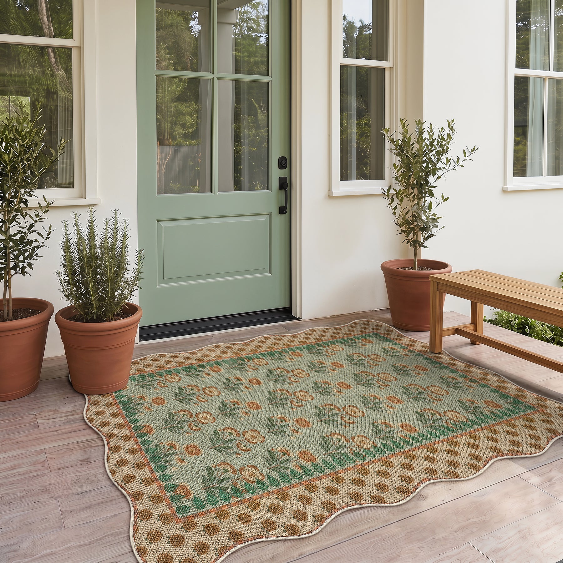 2x6/3x5 Scalloped Floral Easy Jute Washable Area Rug, Farmhouse Soft Low Pile Carpet for Hallway & Entryway, Oeko-Tex Certified