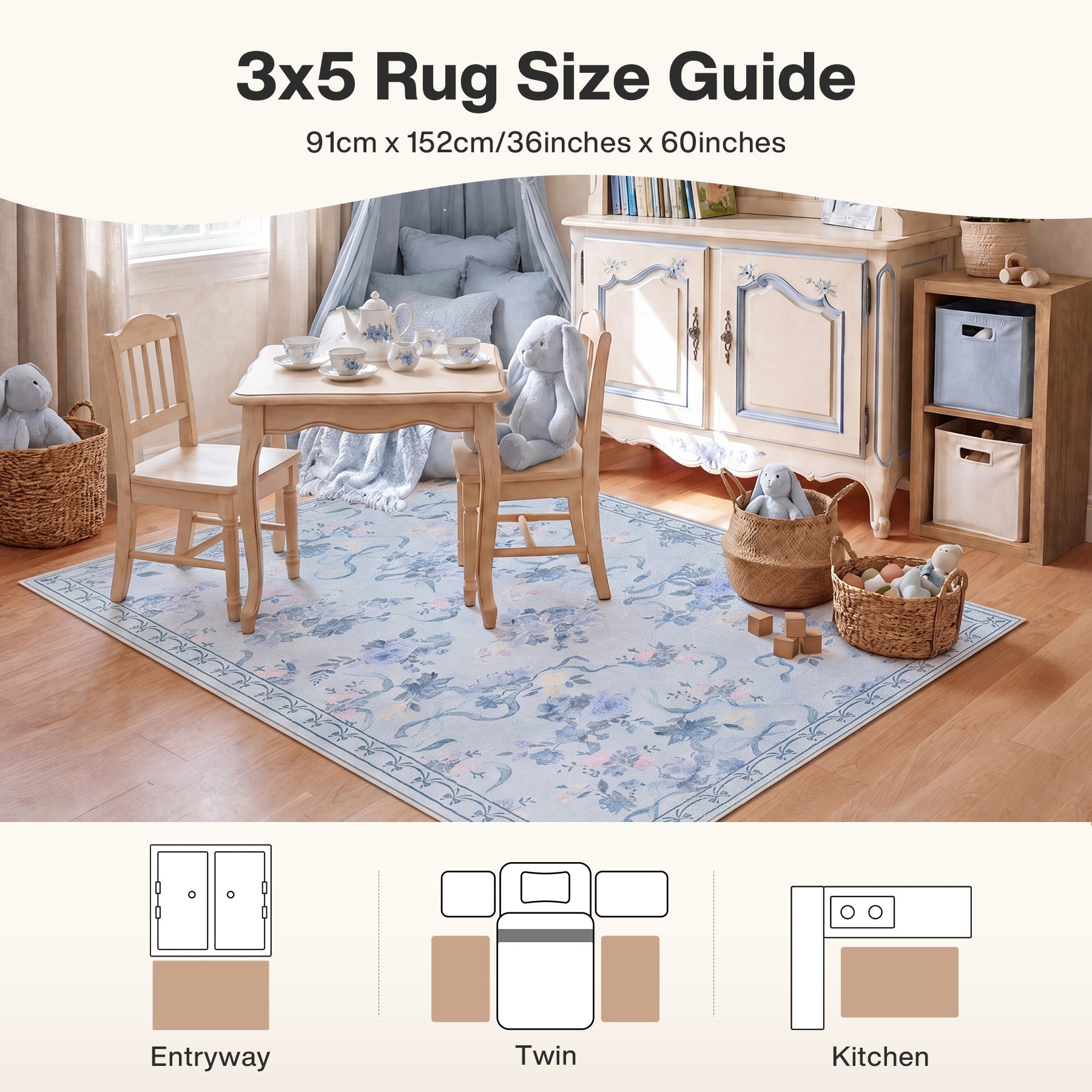 3x5/5x7 Bow Floral Area Rugs, Washable Soft Cute Border Non Slip Low Pile Carpet for Kids Living Dining Room, Oeko-Tex Certified