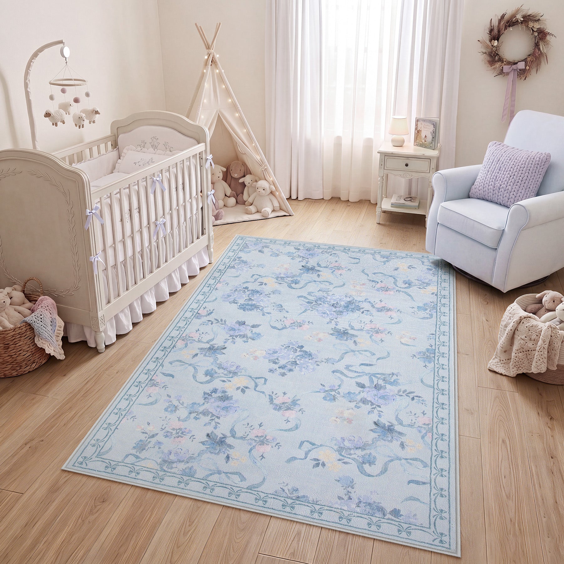 3x5/5x7 Bow Floral Area Rugs, Washable Soft Cute Border Non Slip Low Pile Carpet for Kids Living Dining Room, Oeko-Tex Certified