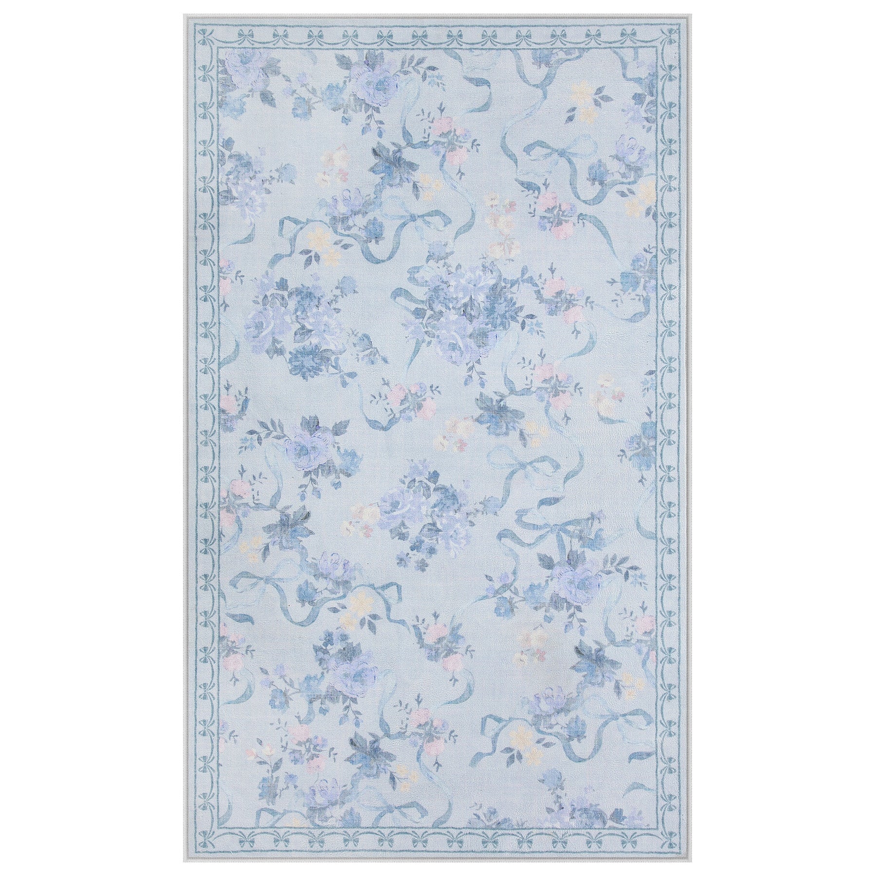 3x5/5x7 Bow Floral Area Rugs, Washable Soft Cute Border Non Slip Low Pile Carpet for Kids Living Dining Room, Oeko-Tex Certified