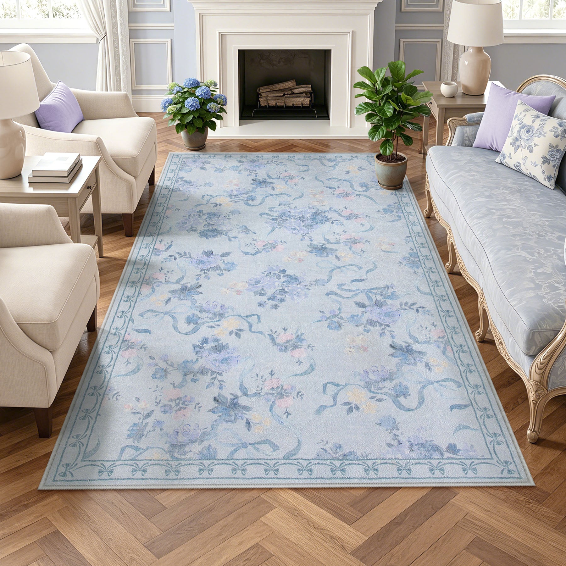 3x5/5x7 Bow Floral Area Rugs, Washable Soft Cute Border Non Slip Low Pile Carpet for Kids Living Dining Room, Oeko-Tex Certified