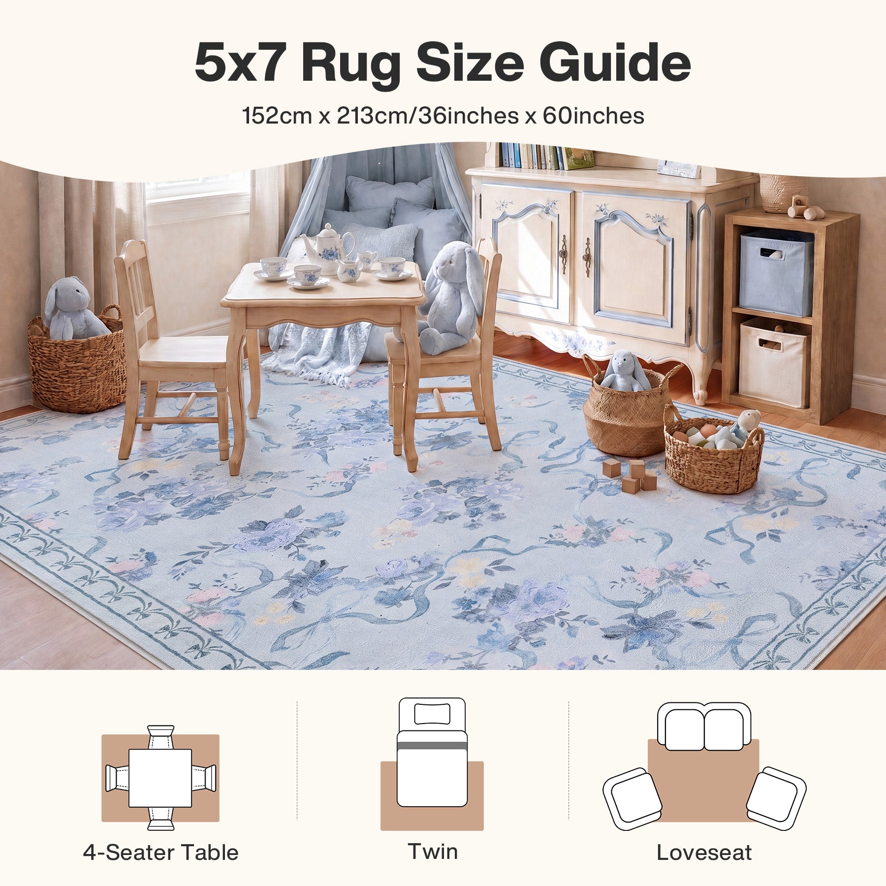3x5/5x7 Bow Floral Area Rugs, Washable Soft Cute Border Non Slip Low Pile Carpet for Kids Living Dining Room, Oeko-Tex Certified