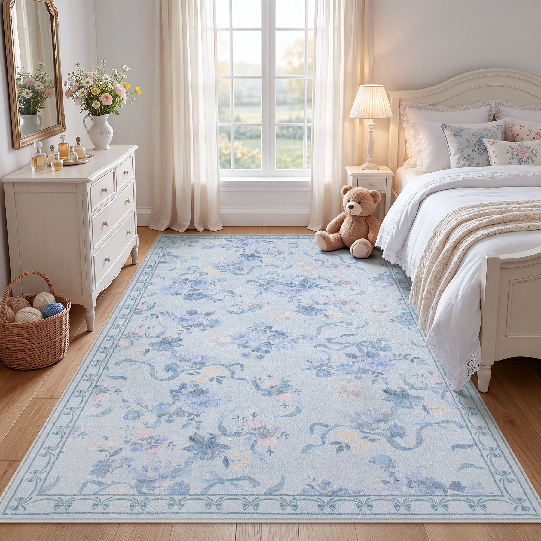 3x5/5x7 Bow Floral Area Rugs, Washable Soft Cute Border Non Slip Low Pile Carpet for Kids Living Dining Room, Oeko-Tex Certified