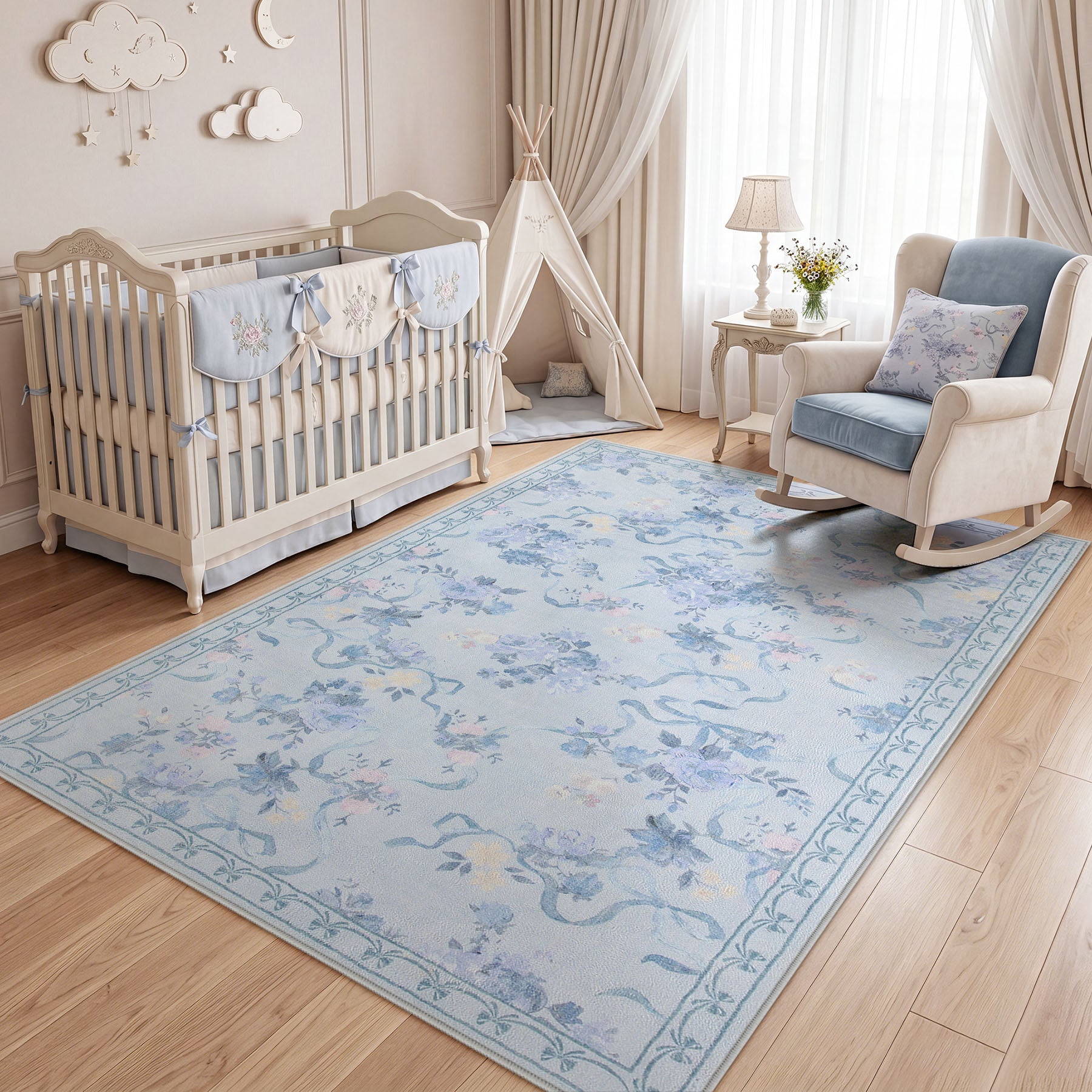 3x5/5x7 Bow Floral Area Rugs, Washable Soft Cute Border Non Slip Low Pile Carpet for Kids Living Dining Room, Oeko-Tex Certified