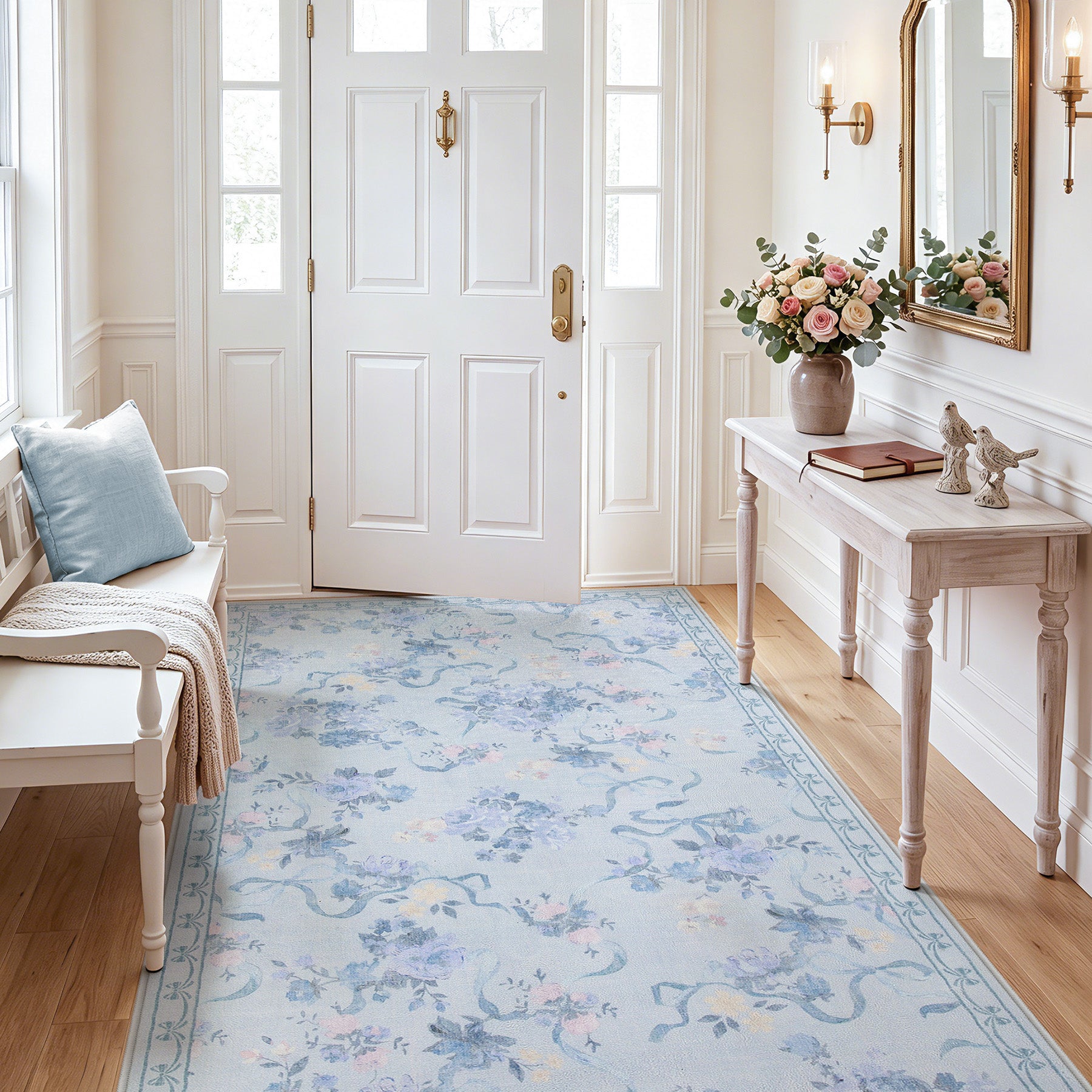 3x5/5x7 Bow Floral Area Rugs, Washable Soft Cute Border Non Slip Low Pile Carpet for Kids Living Dining Room, Oeko-Tex Certified