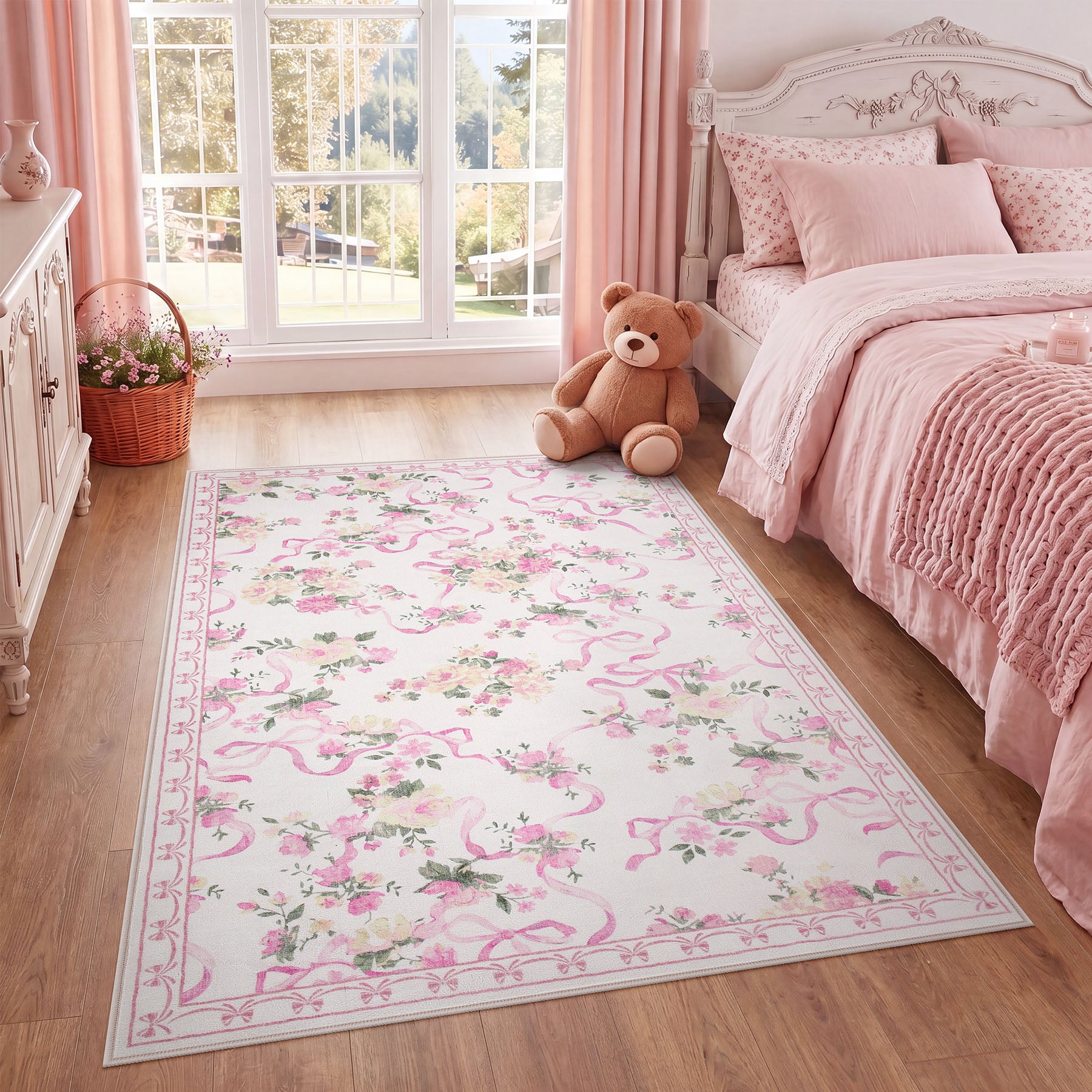 3x5/5x7 Bow Floral Area Rugs, Washable Soft Cute Border Non Slip Low Pile Carpet for Kids Living Dining Room, Oeko-Tex Certified