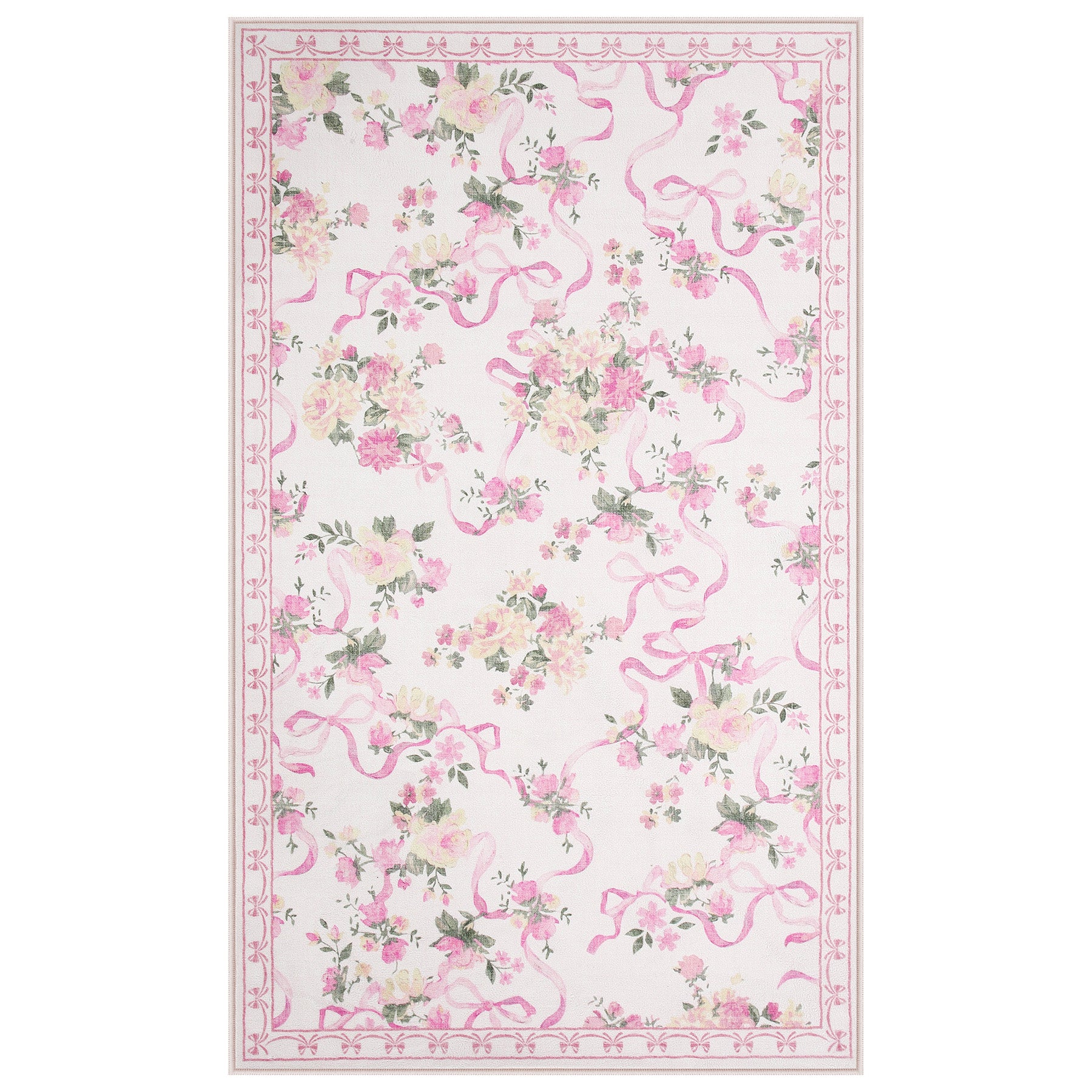 3x5/5x7 Bow Floral Area Rugs, Washable Soft Cute Border Non Slip Low Pile Carpet for Kids Living Dining Room, Oeko-Tex Certified