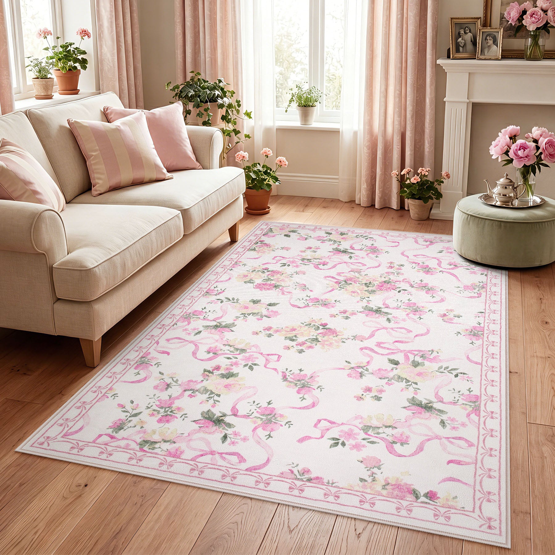3x5/5x7 Bow Floral Area Rugs, Washable Soft Cute Border Non Slip Low Pile Carpet for Kids Living Dining Room, Oeko-Tex Certified