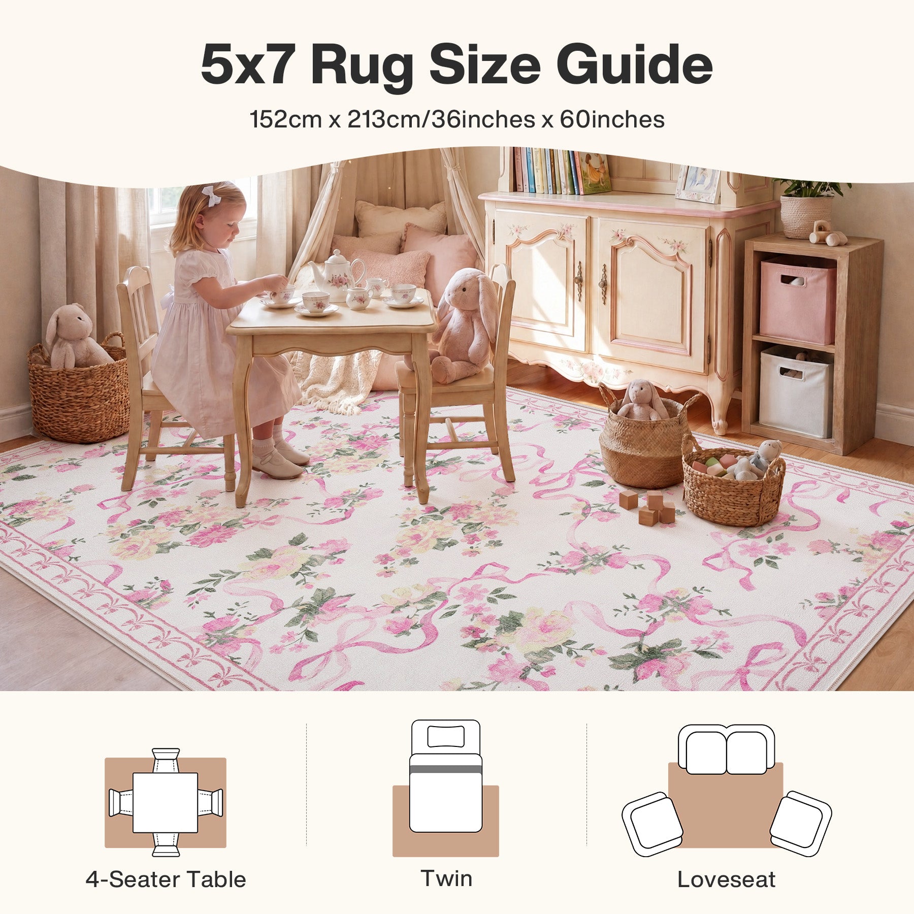 3x5/5x7 Bow Floral Area Rugs, Washable Soft Cute Border Non Slip Low Pile Carpet for Kids Living Dining Room, Oeko-Tex Certified
